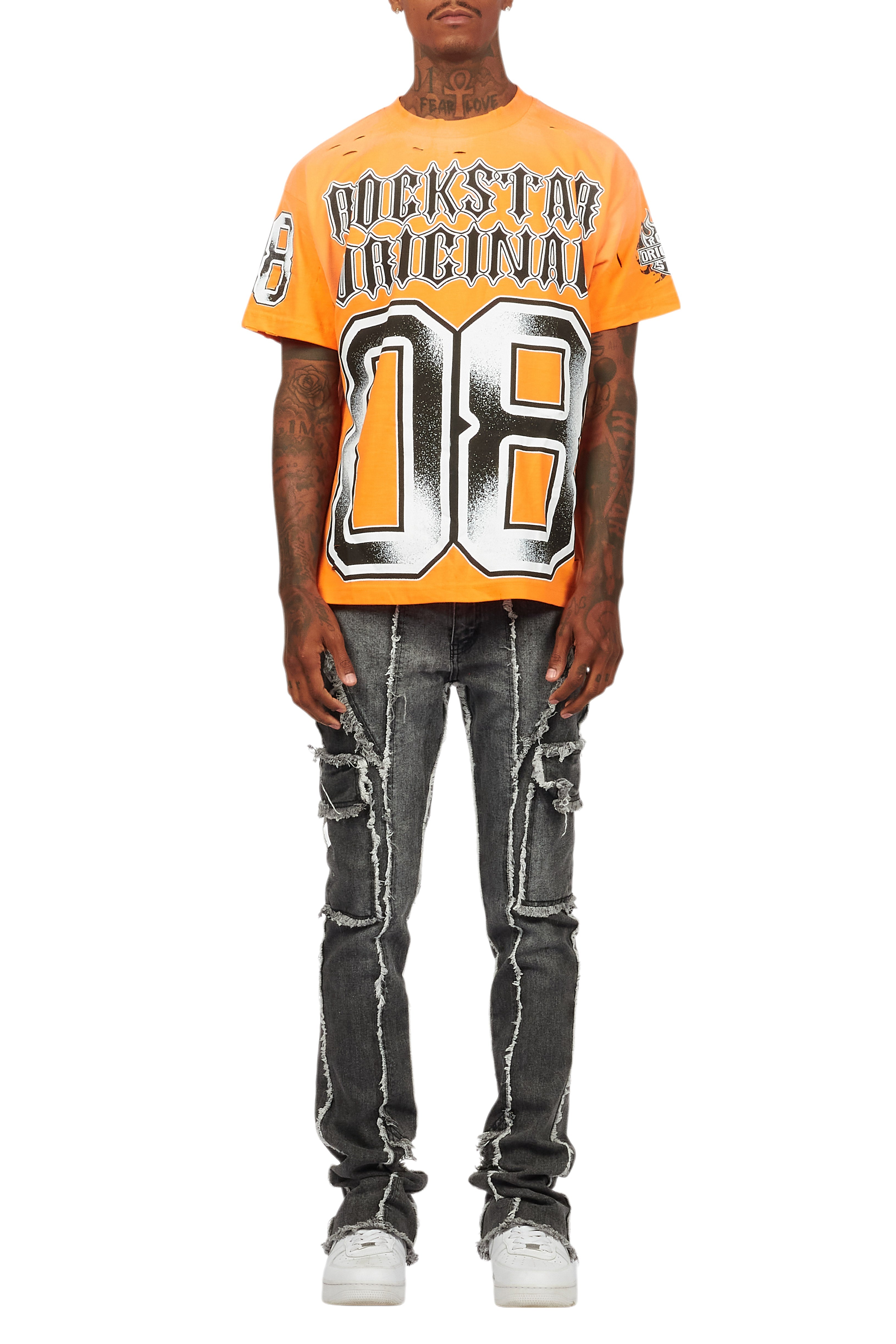 Revved Dark Grey Stacked Flare Jean