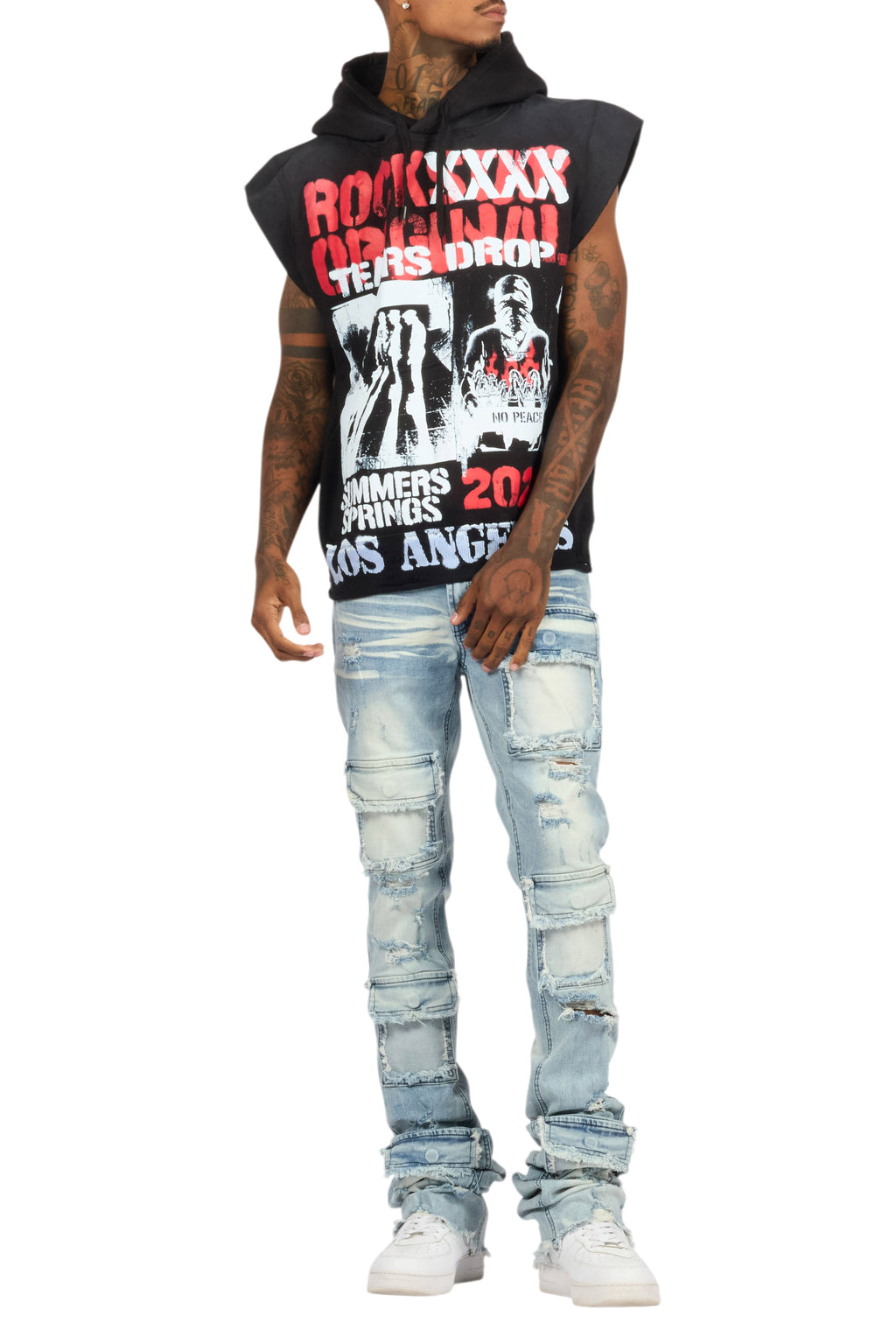 Paton Black/Red Distressed Graphic Cut Sleeve Hoodie