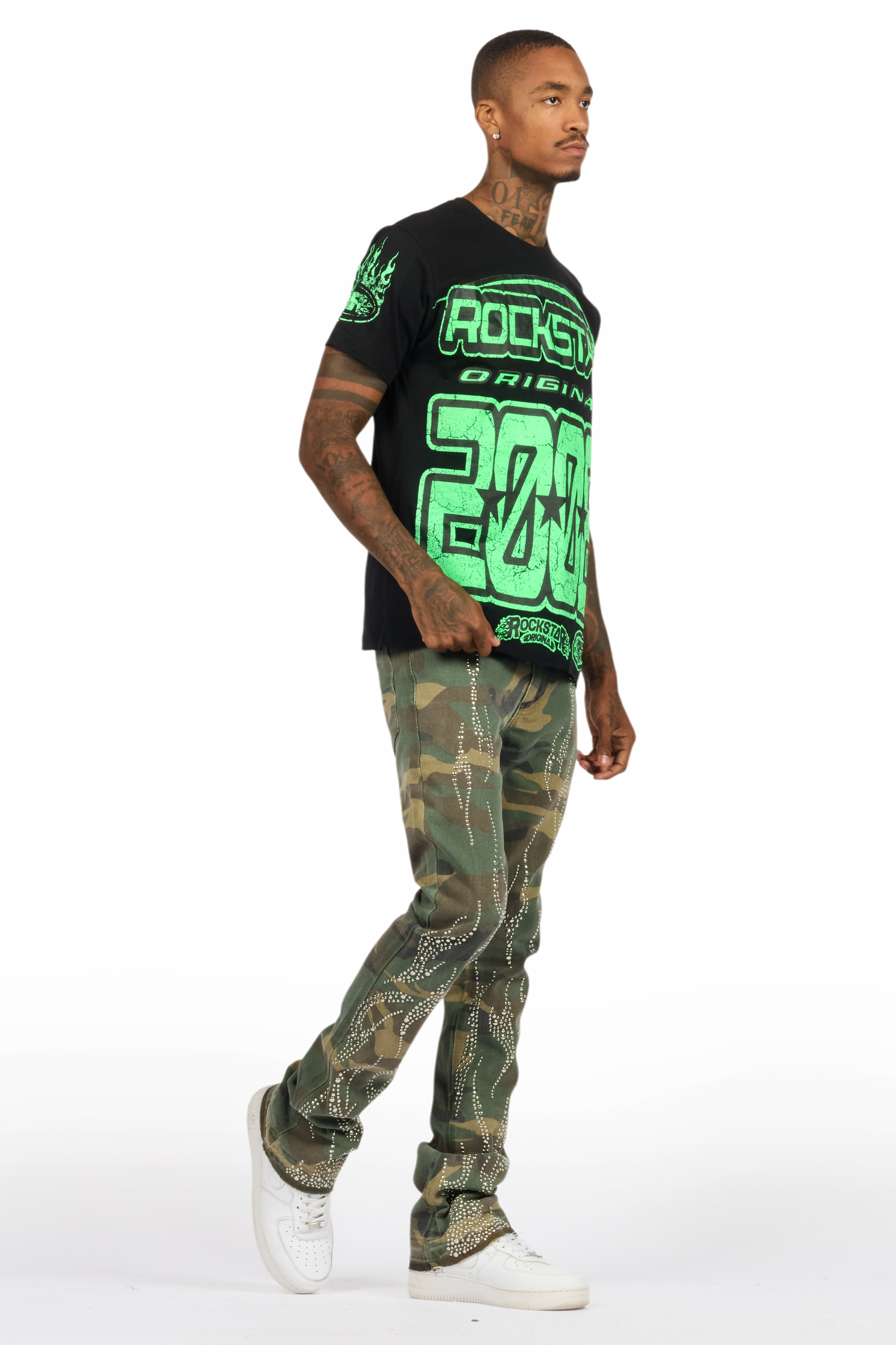 Tachi Camo Rhinestone Stacked Flare Jean