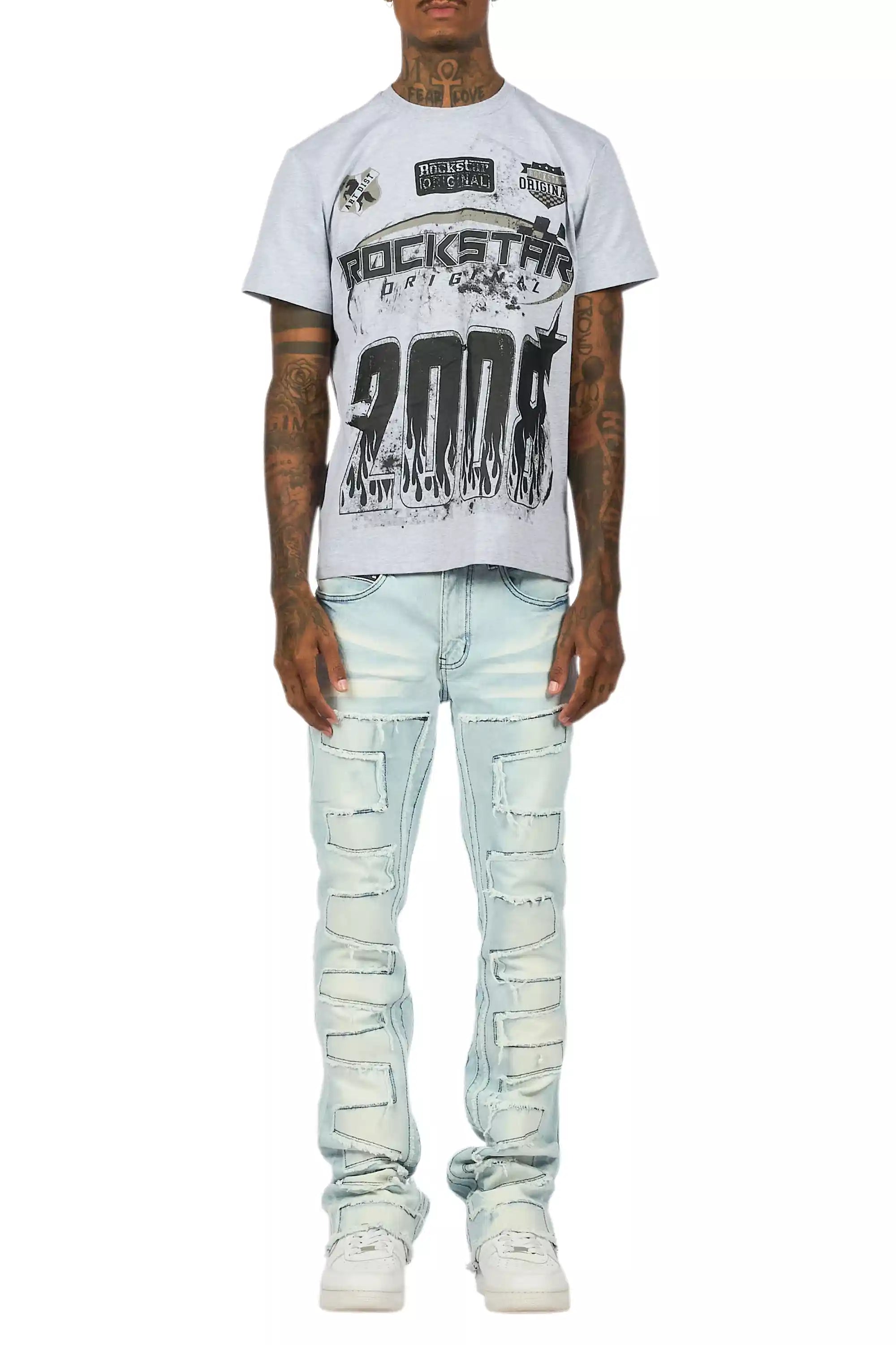 Amos Heather Grey Graphic T-Shirt/Stacked Flare Jean Bundle