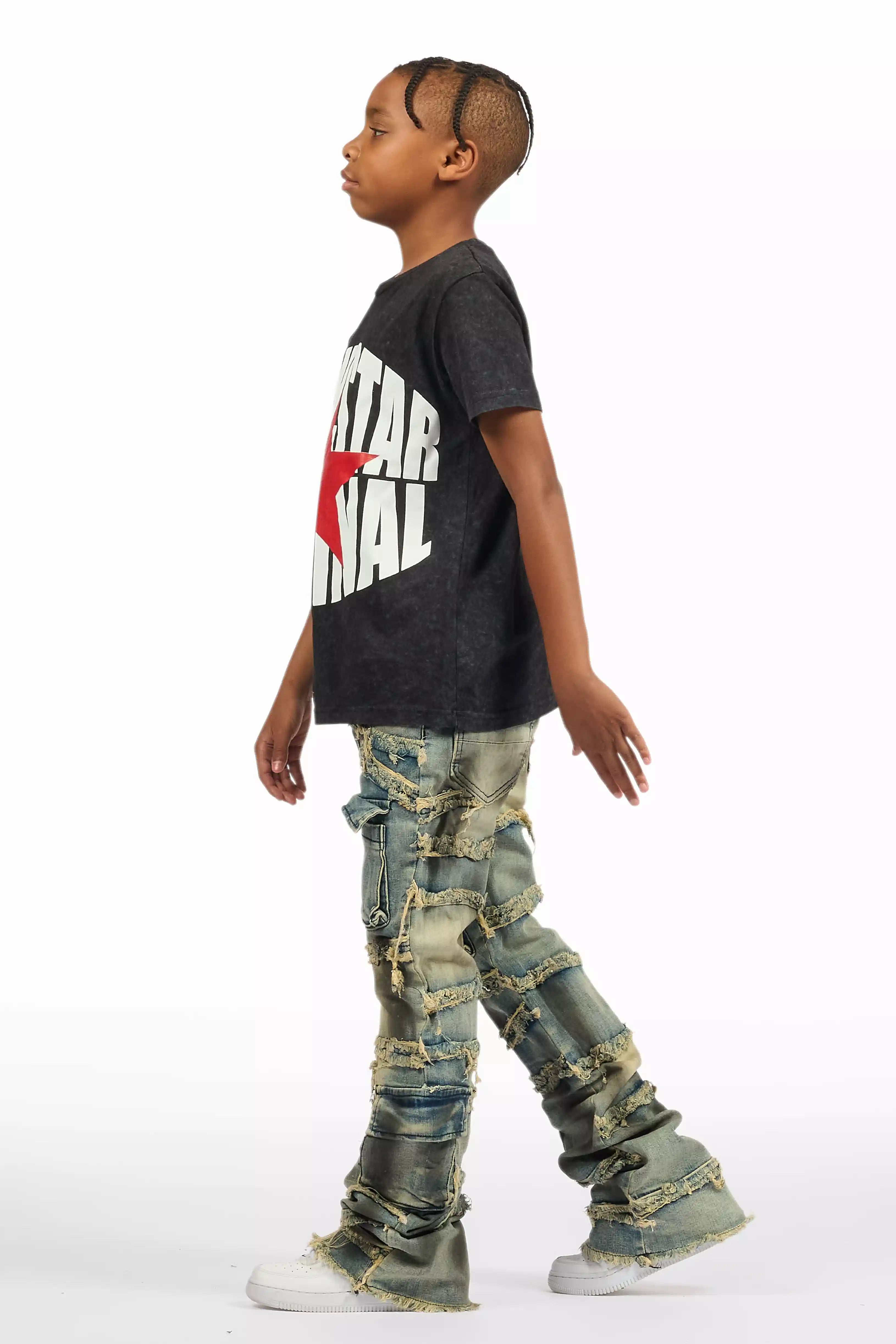 Boys Yves Blue Ripped Stacked Flare Cargo Jeans