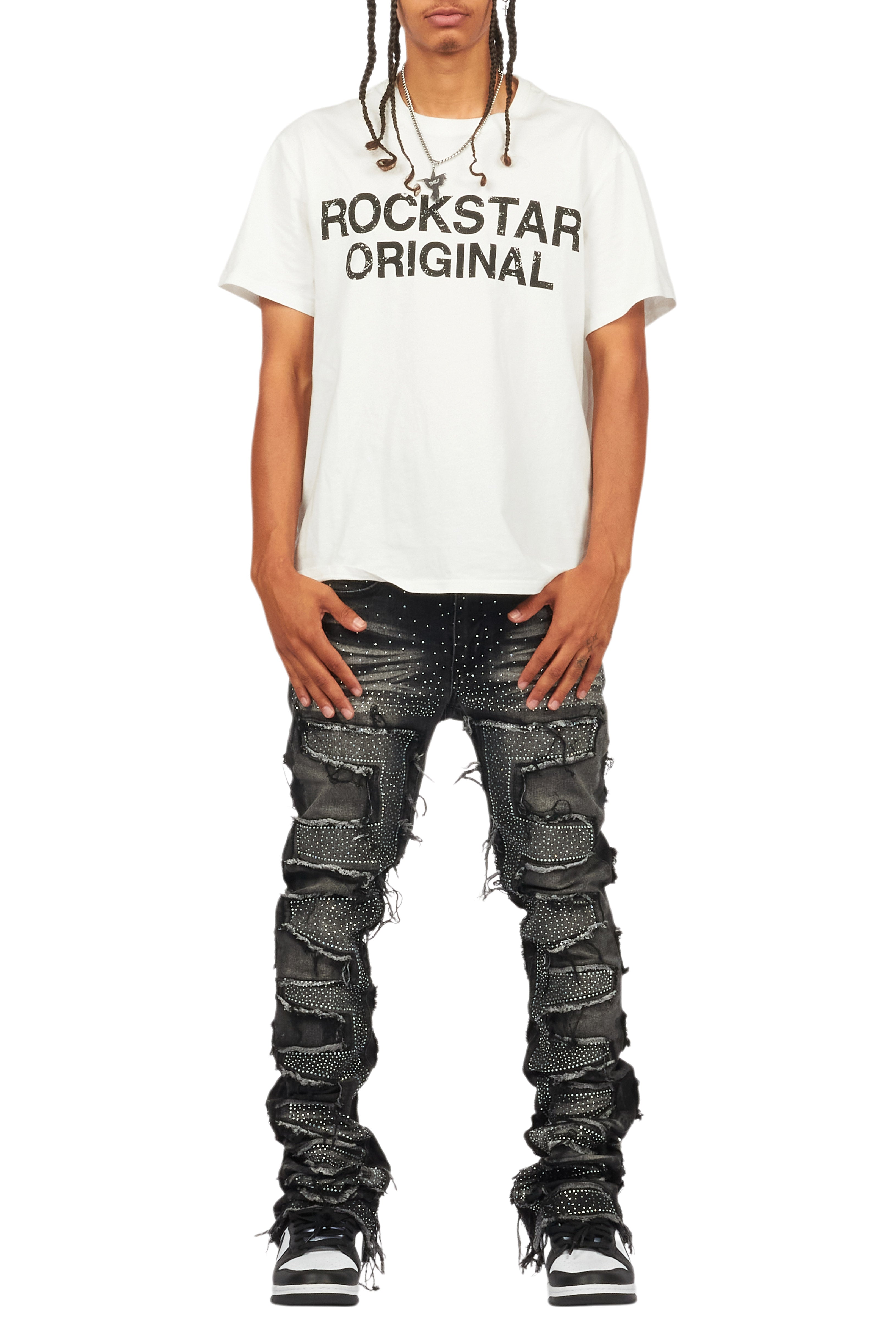 Shake Dark Grey Rhinestone Stacked Flare Jean