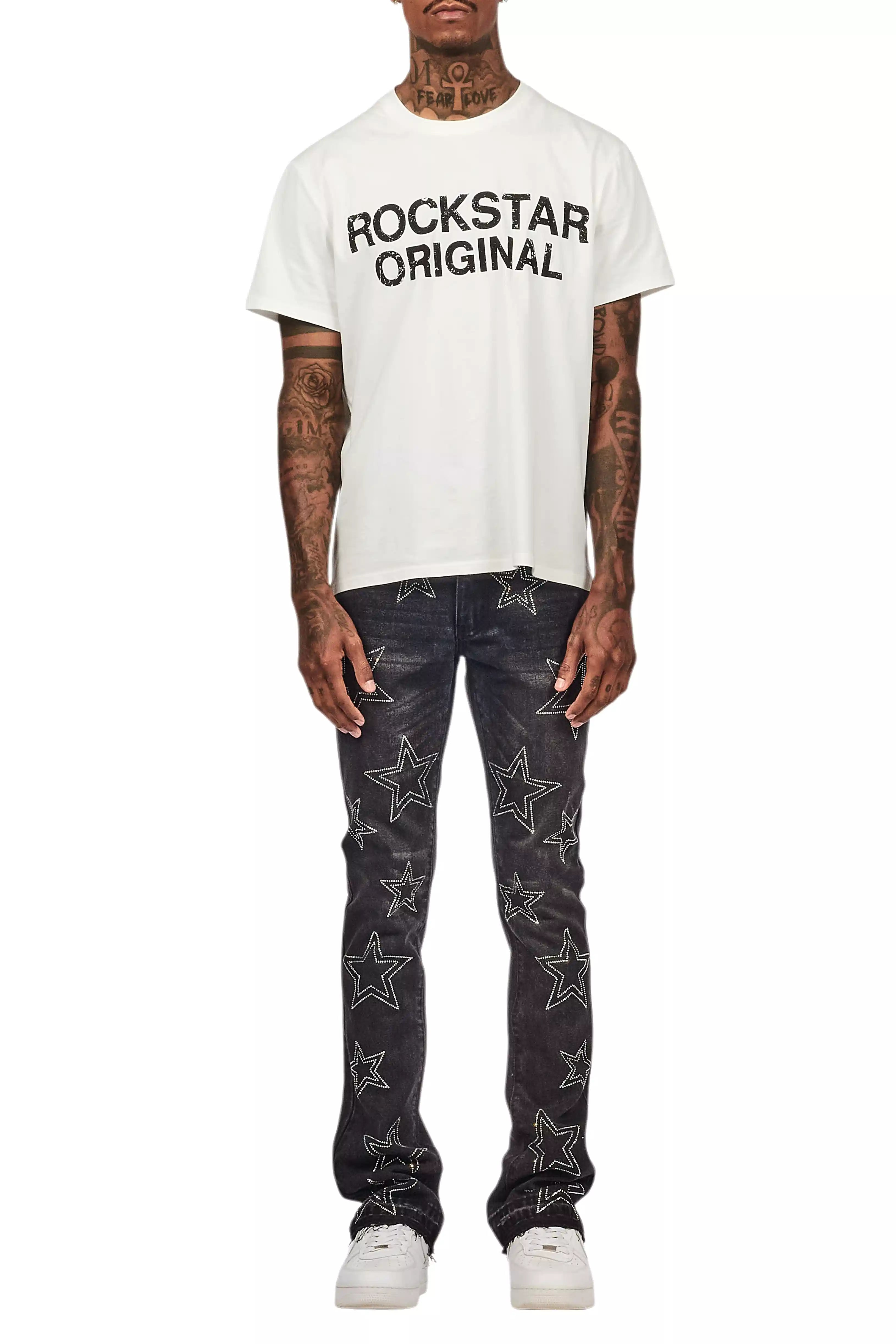 Kama Dark Grey Rhinestone Stacked Flare Jean