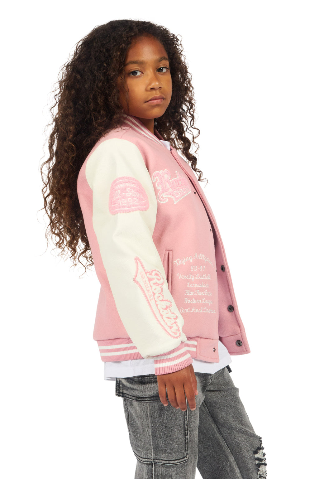 Girls Rosalyn Pink/White Varsity Jacket