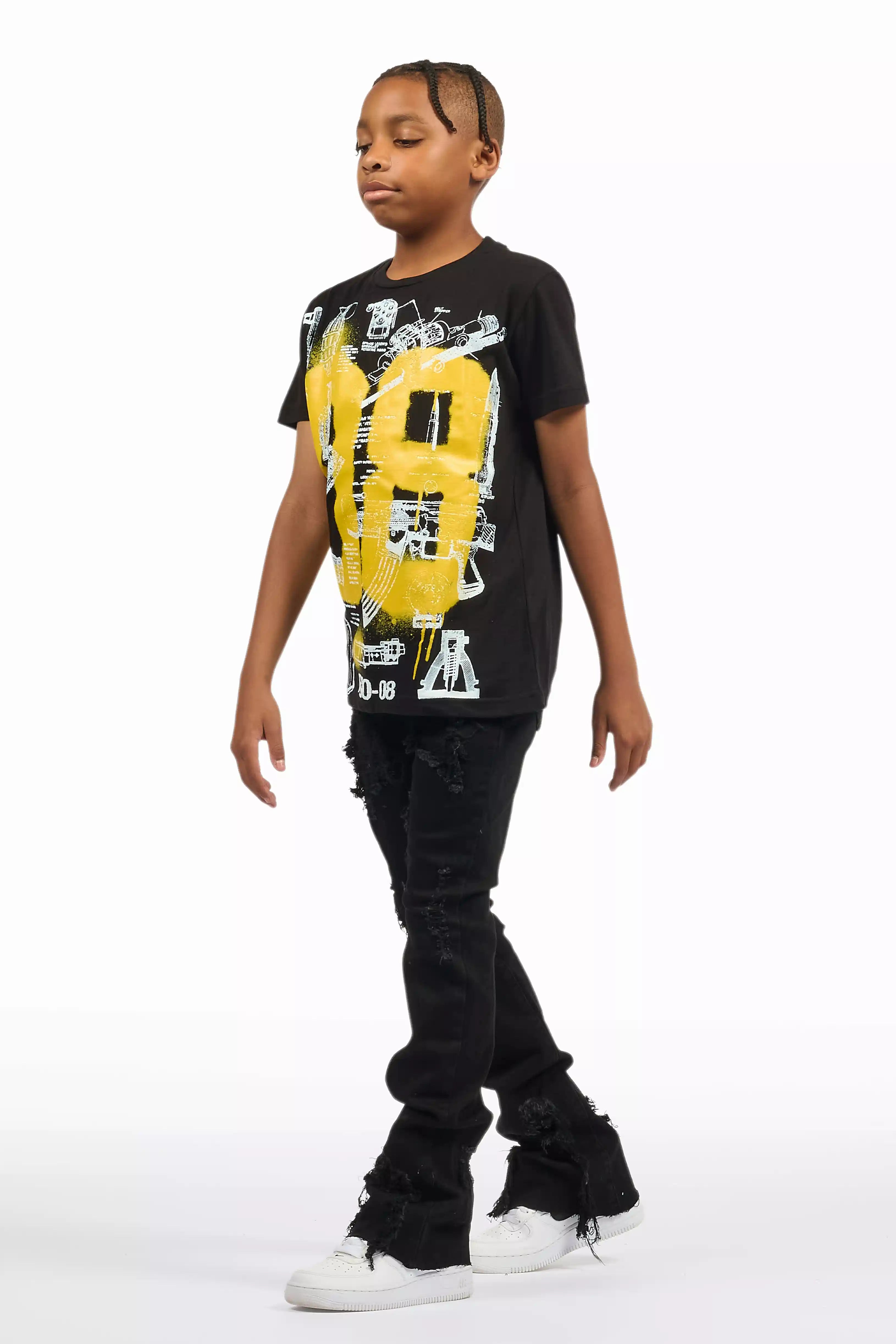 Boys Nesta Black/Yellow T-Shirt/Stacked Flare Jean Set