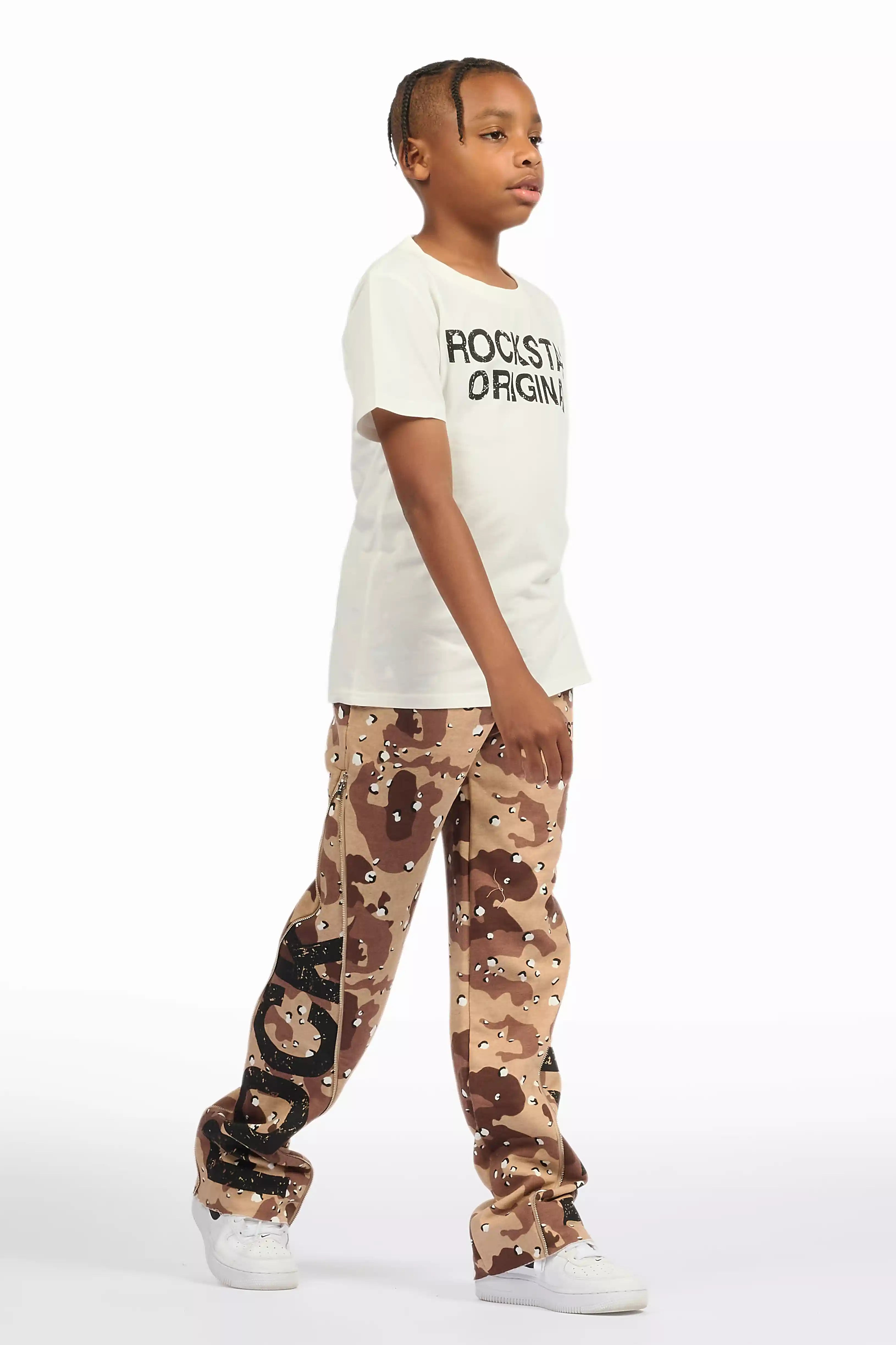 Boys Deniska White/Camo T-Shirt Baggy Stacked Flare Set