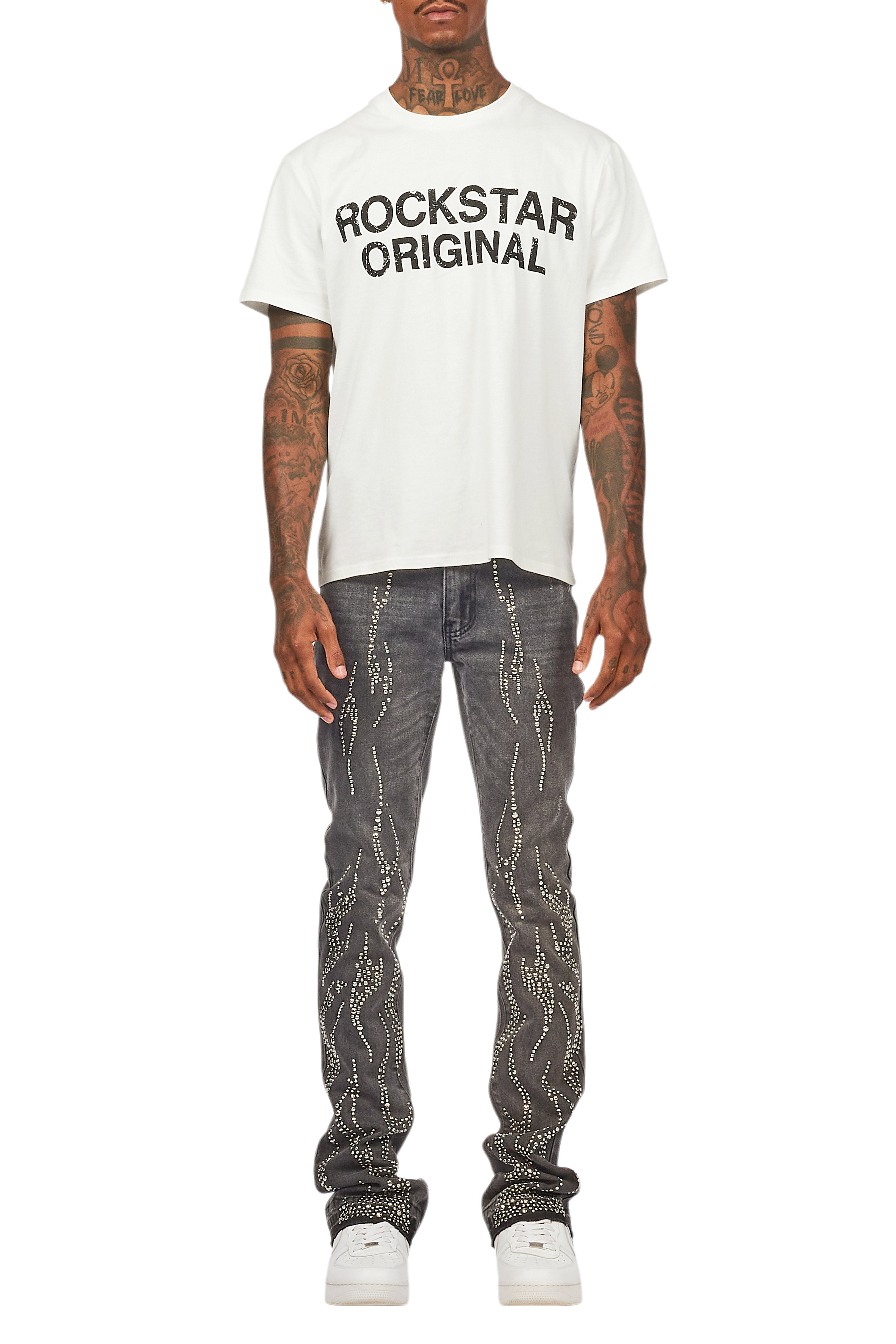 Tachi Dark Grey Rhinestone Stacked Flare Jean