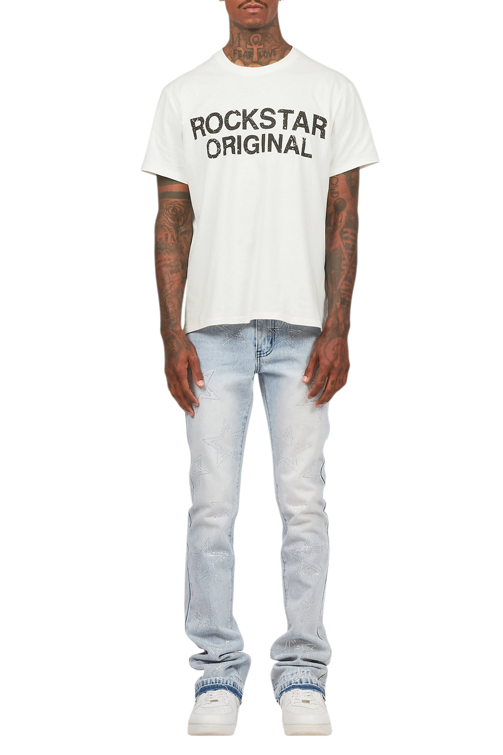 Kama Light Blue Rhinestone Stacked Flare Jean