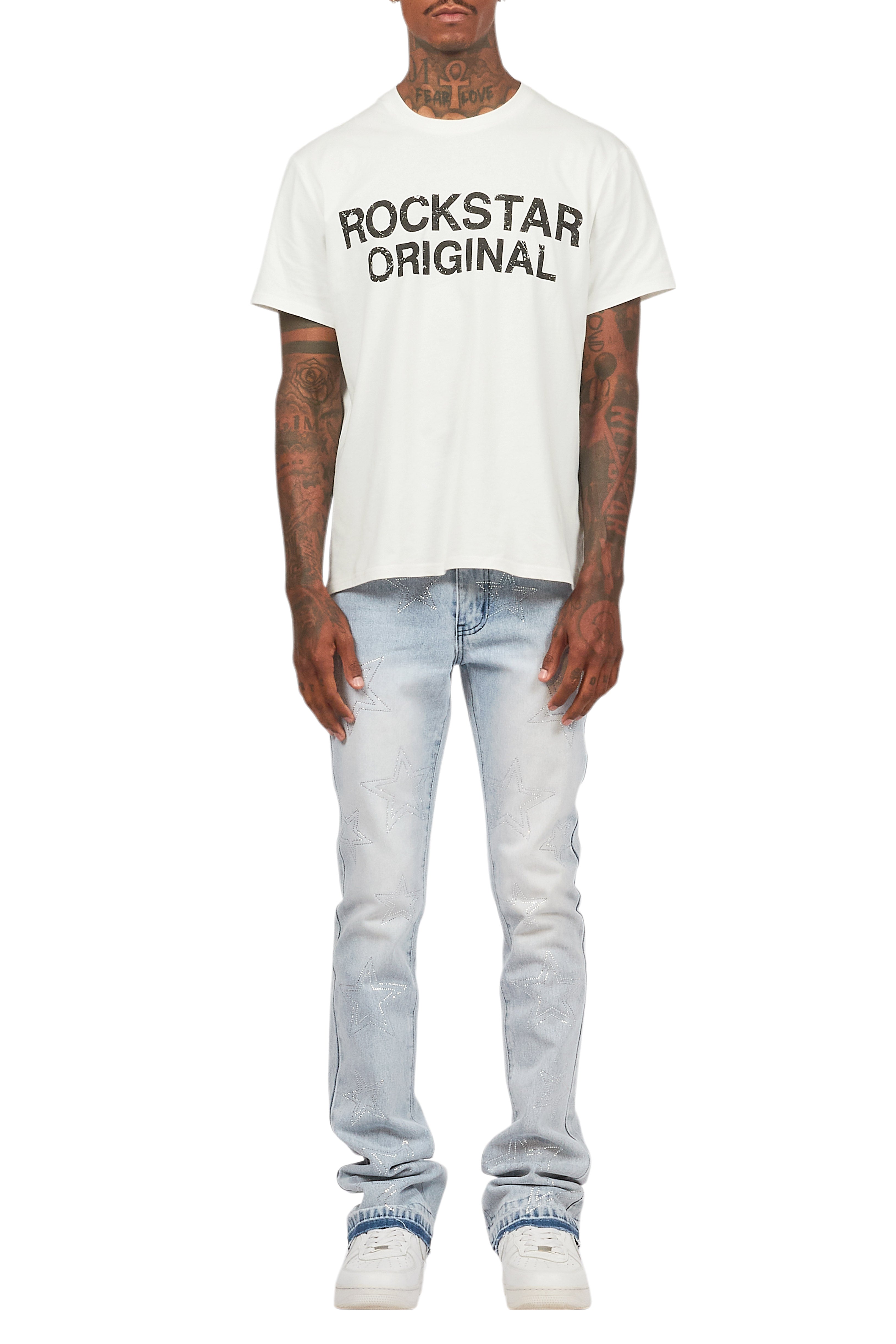 Kama Light Blue Rhinestone Stacked Flare Jean