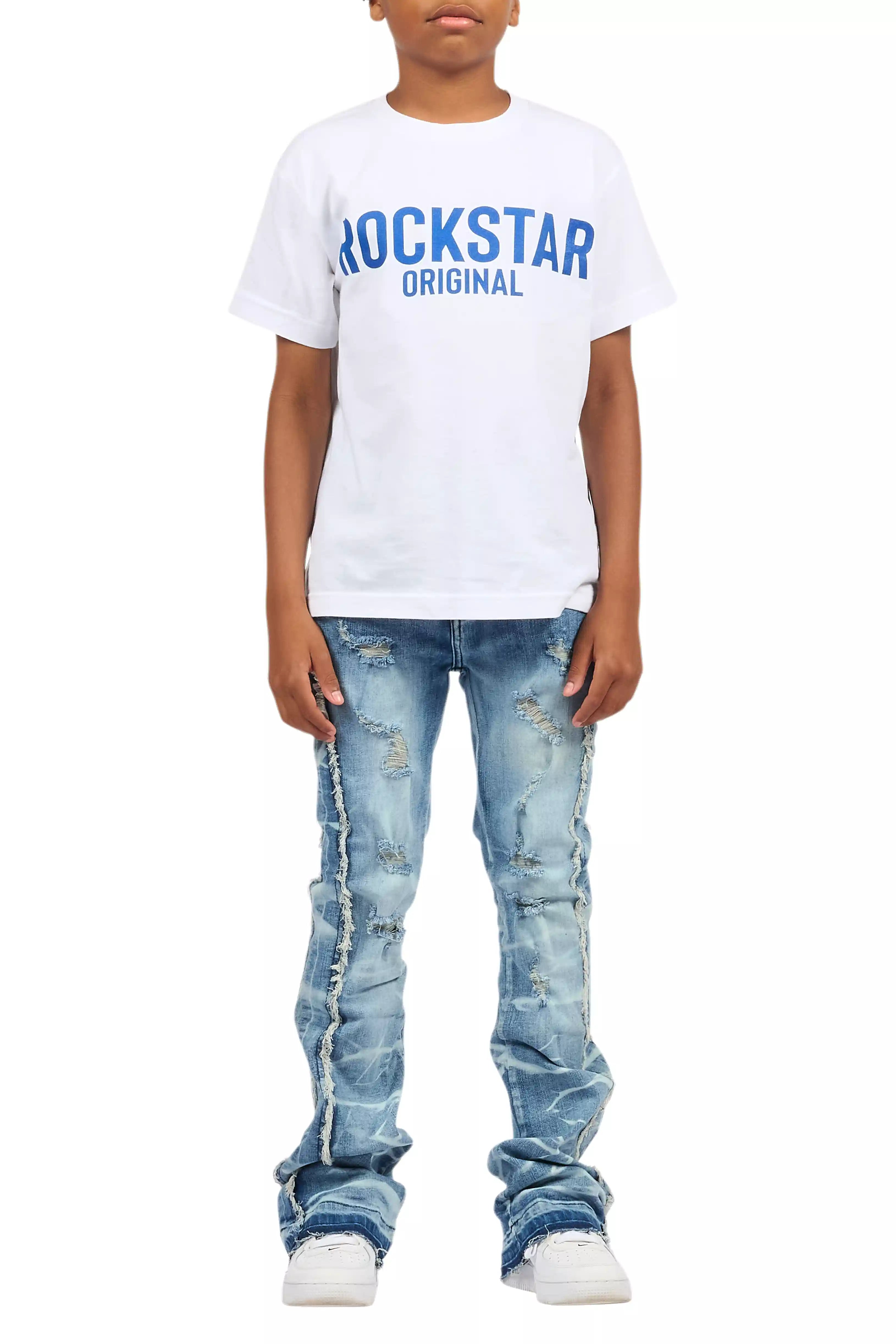 Boys Rugged Blue Stacked Flare Jean