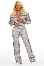 Tykima Pink Floral Cargo Tapestry Stacked Pant