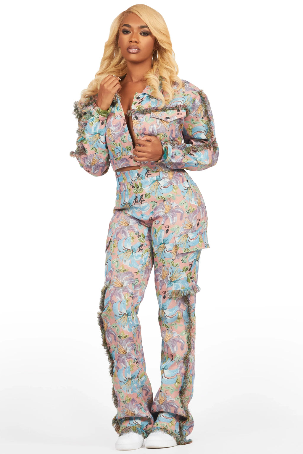 Tykima Pink Floral Cargo Tapestry Stacked Pant