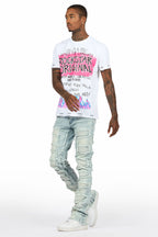 Beno White T-Shirt & Shake Blue Stacked Flare Jean Bundle