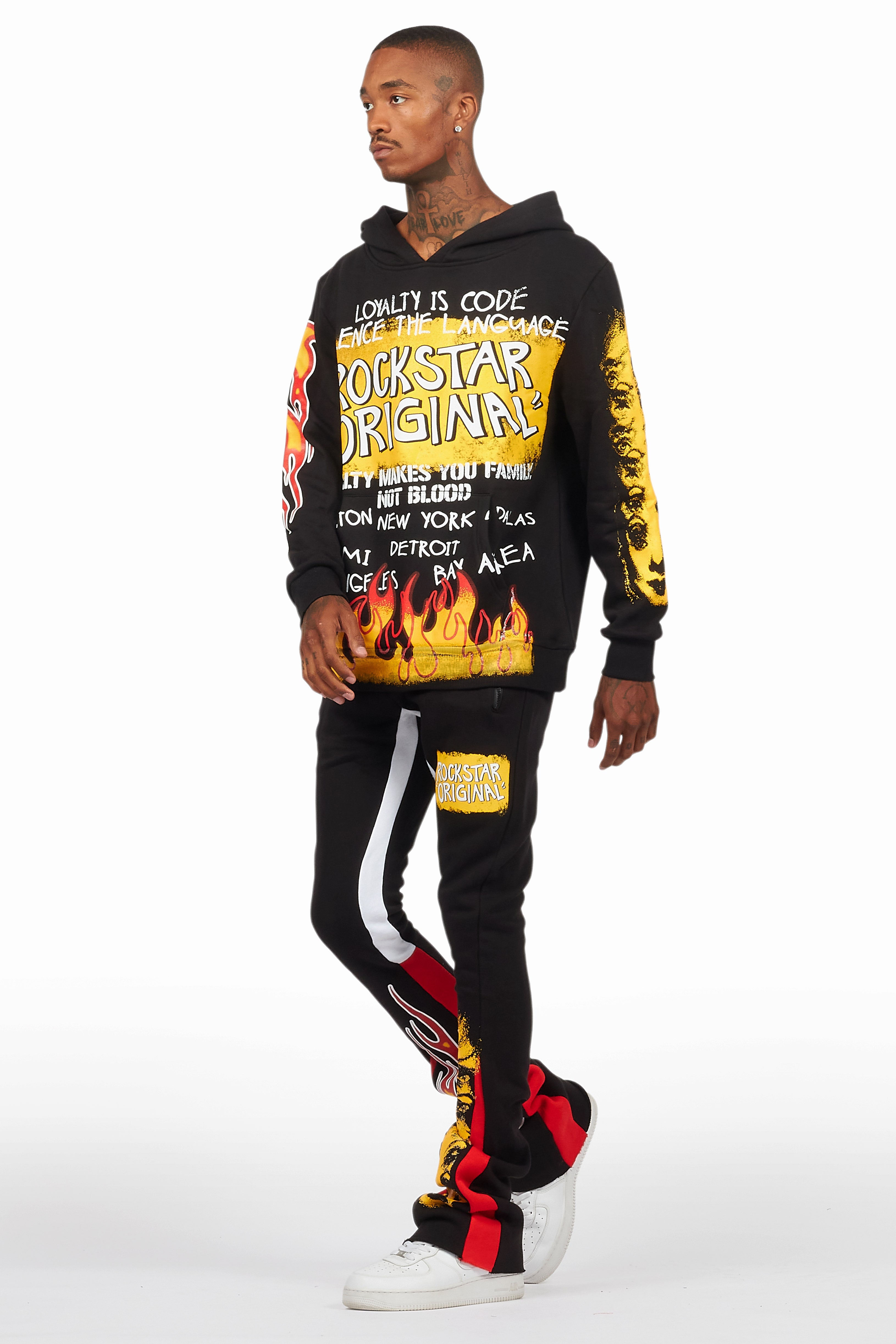 Beno Black/Yellow Stacked Flare Hoodie Track Set