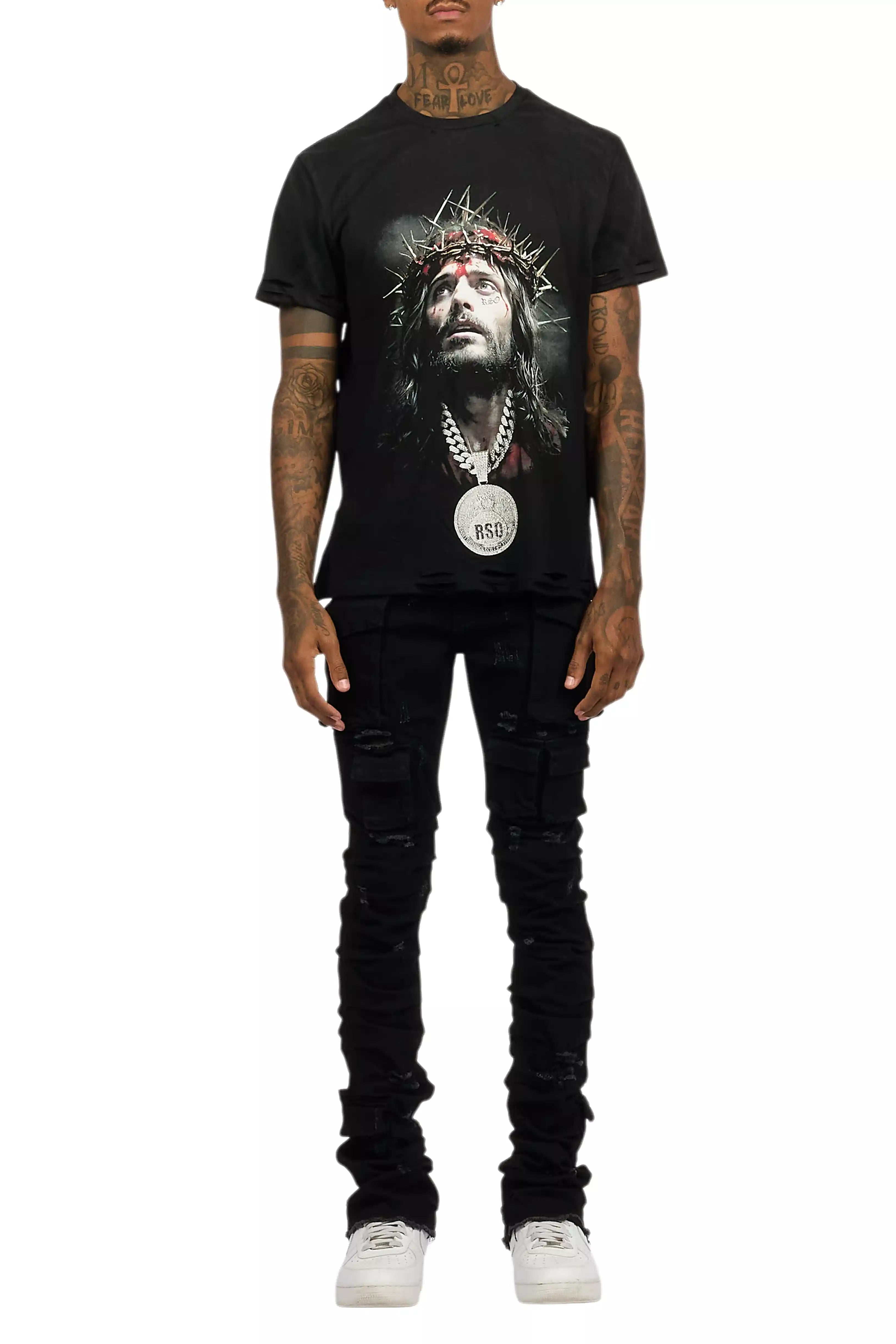 Amina Black T-Shirt Stacked Flare Jean Set