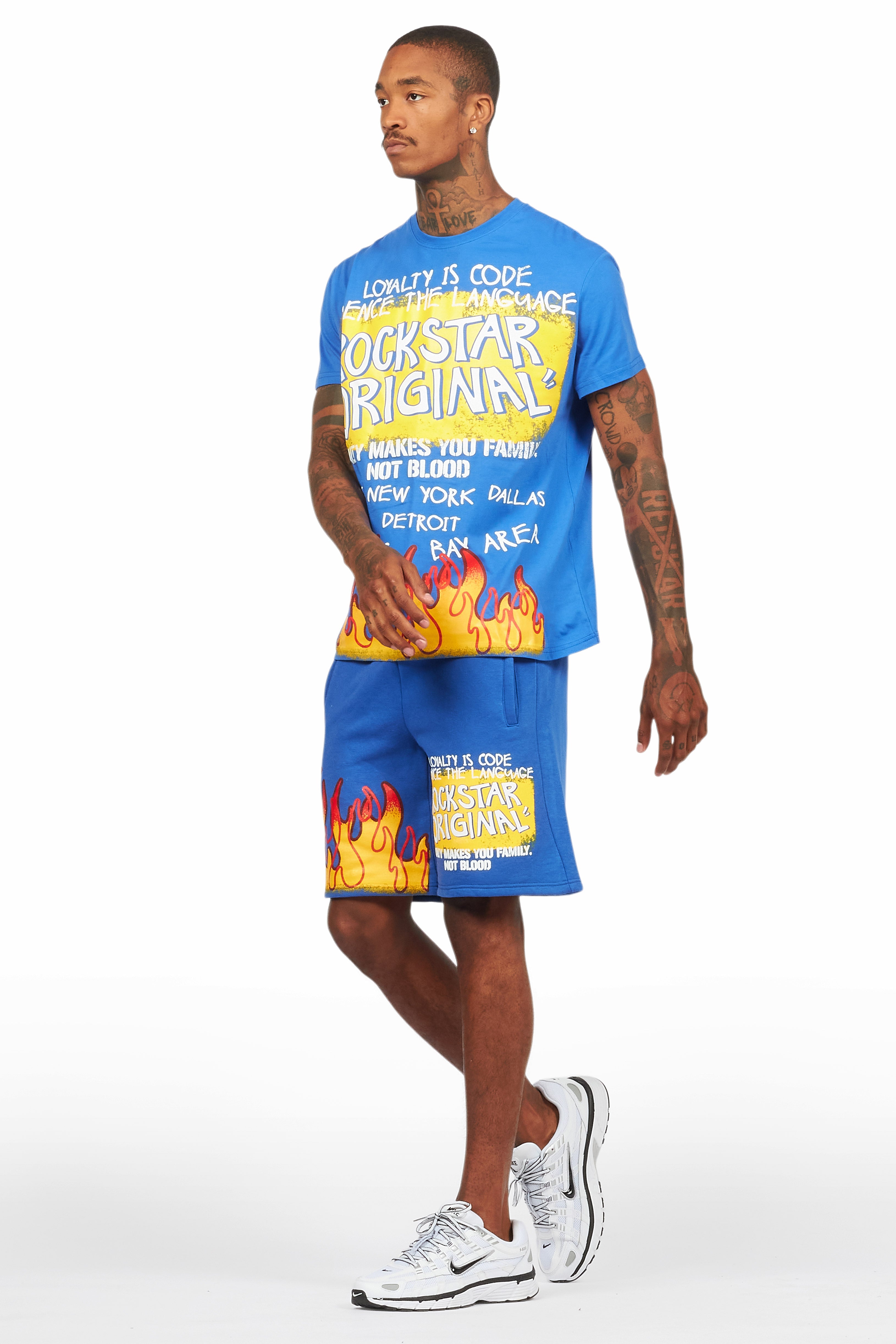 Beno Royal Blue Graphic T-Shirt Short Set