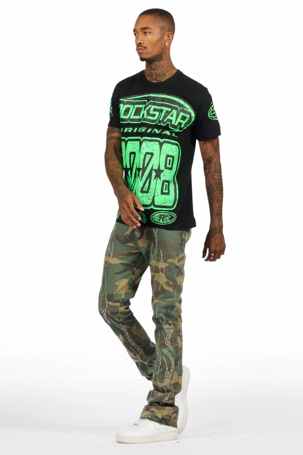 Tachi Camo Rhinestone Stacked Flare Jean