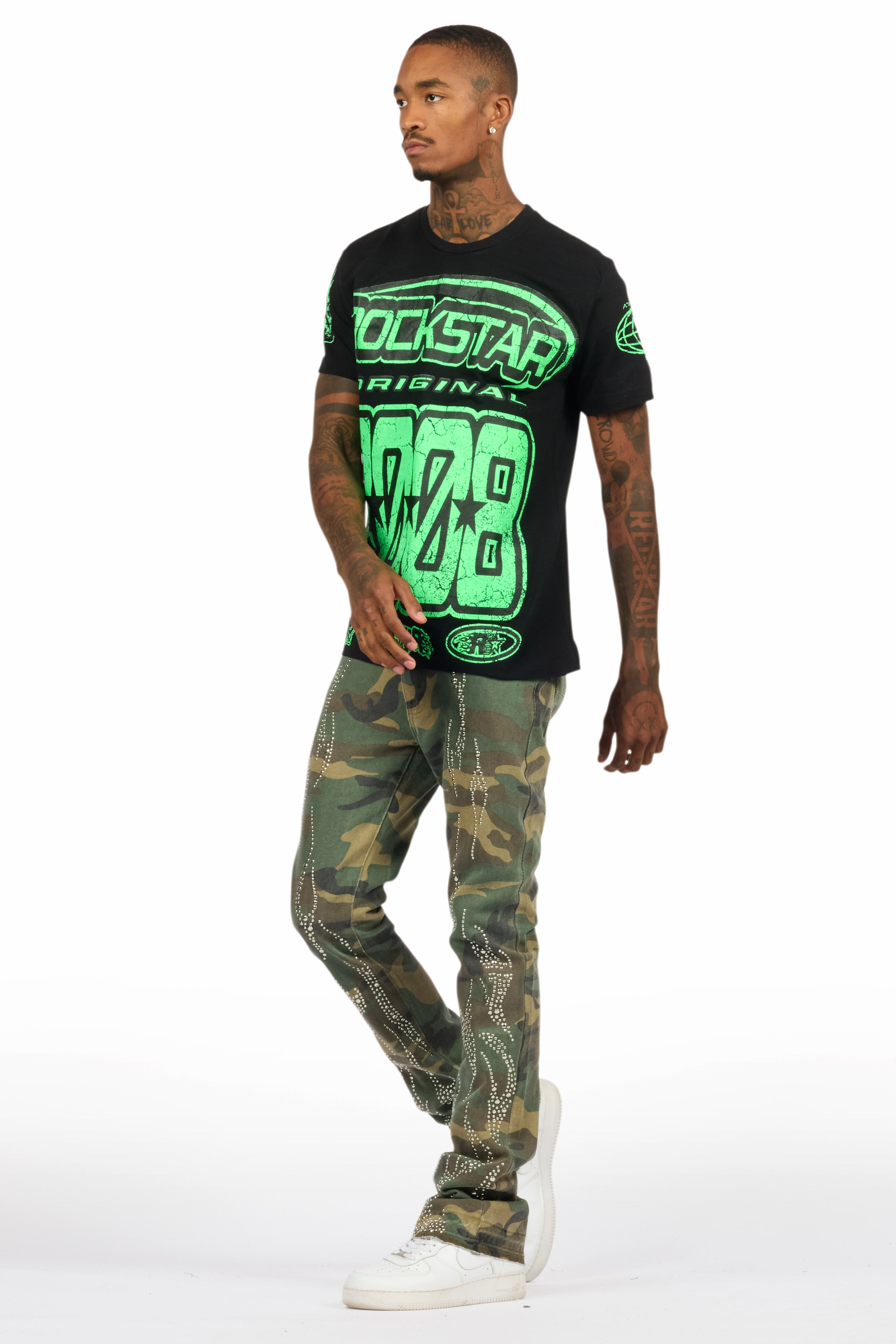 Tachi Camo Rhinestone Stacked Flare Jean