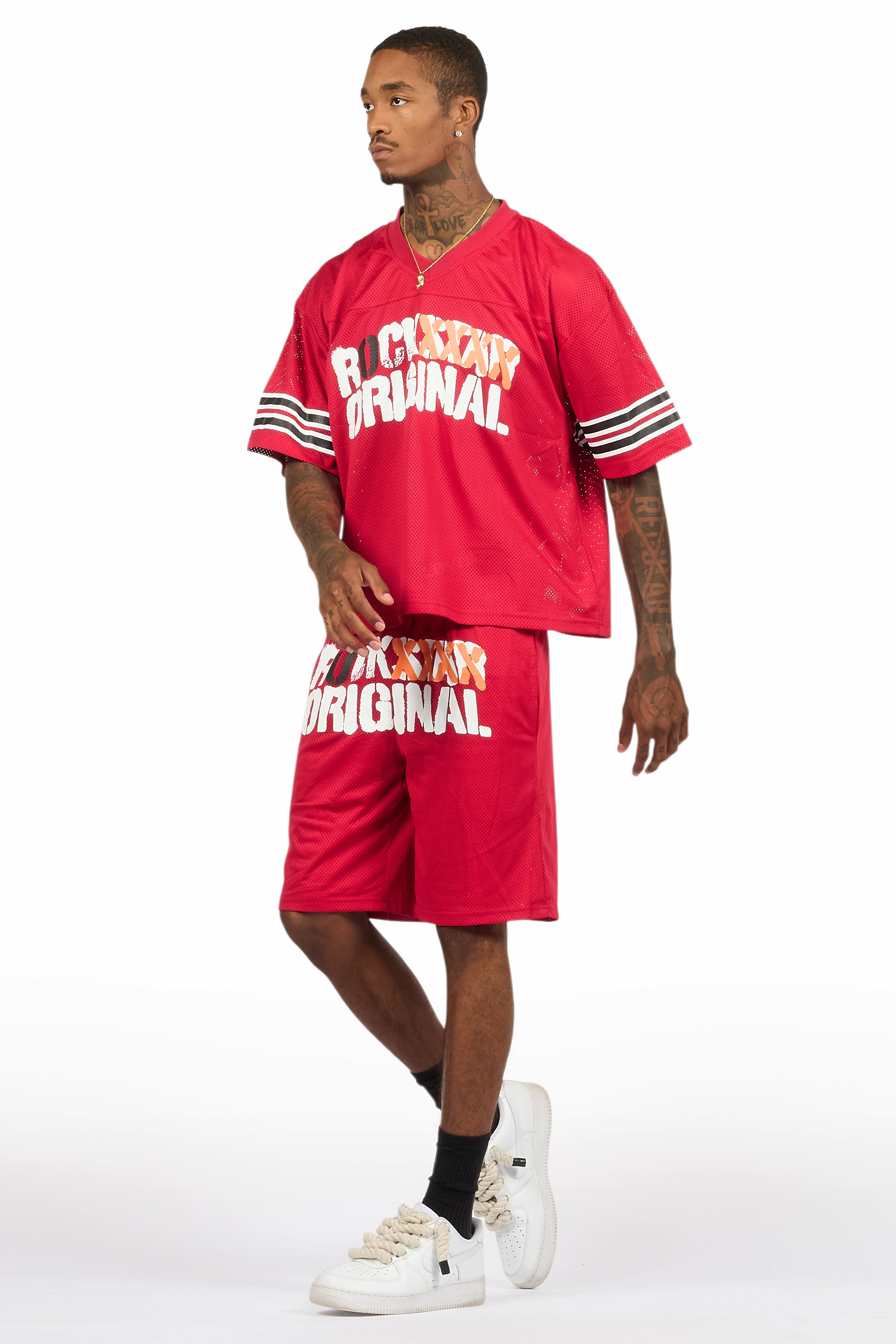 Crown Red Mesh Jersey Short Set