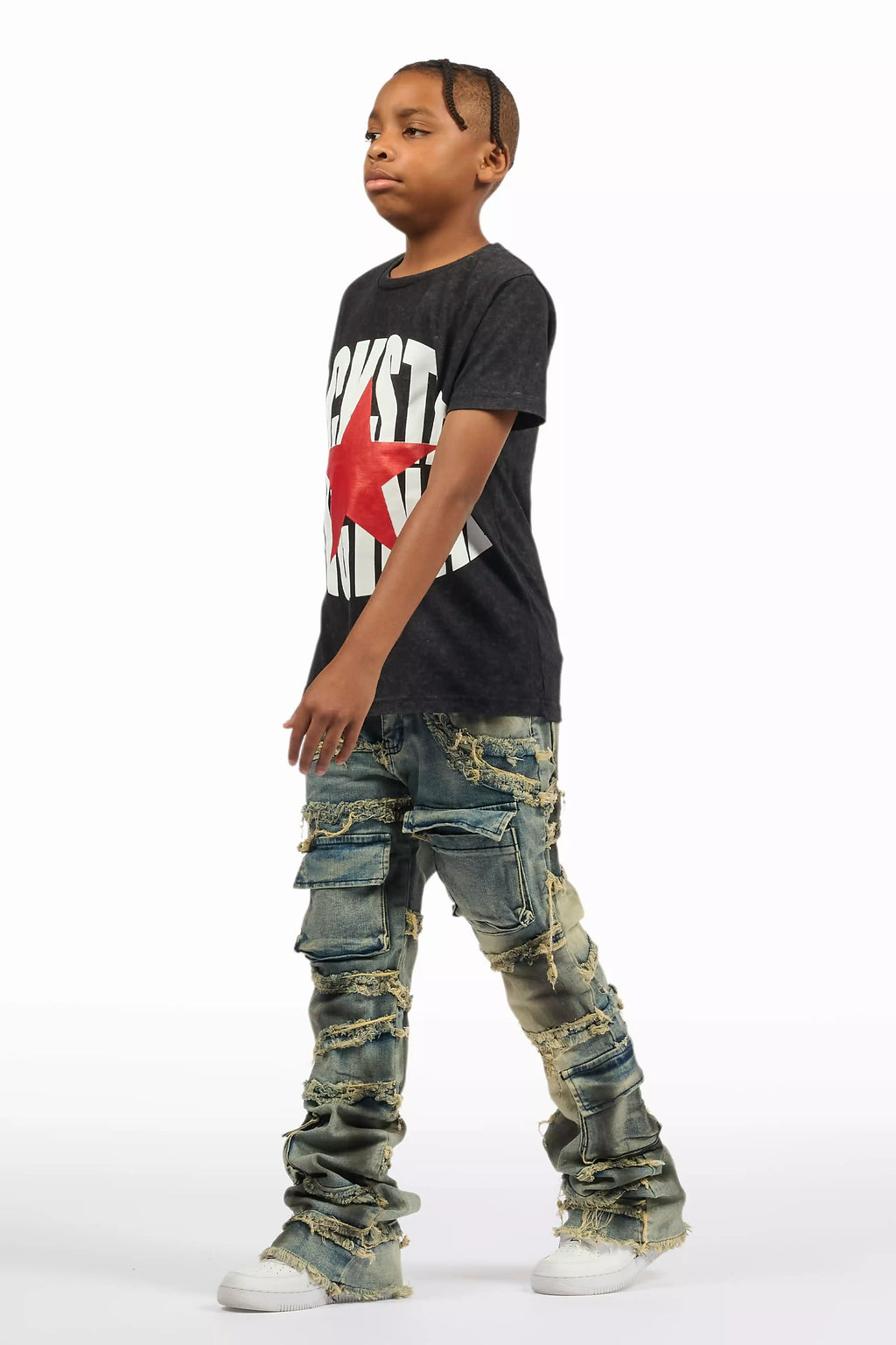 Boys Yves Blue Ripped Stacked Flare Cargo Jeans