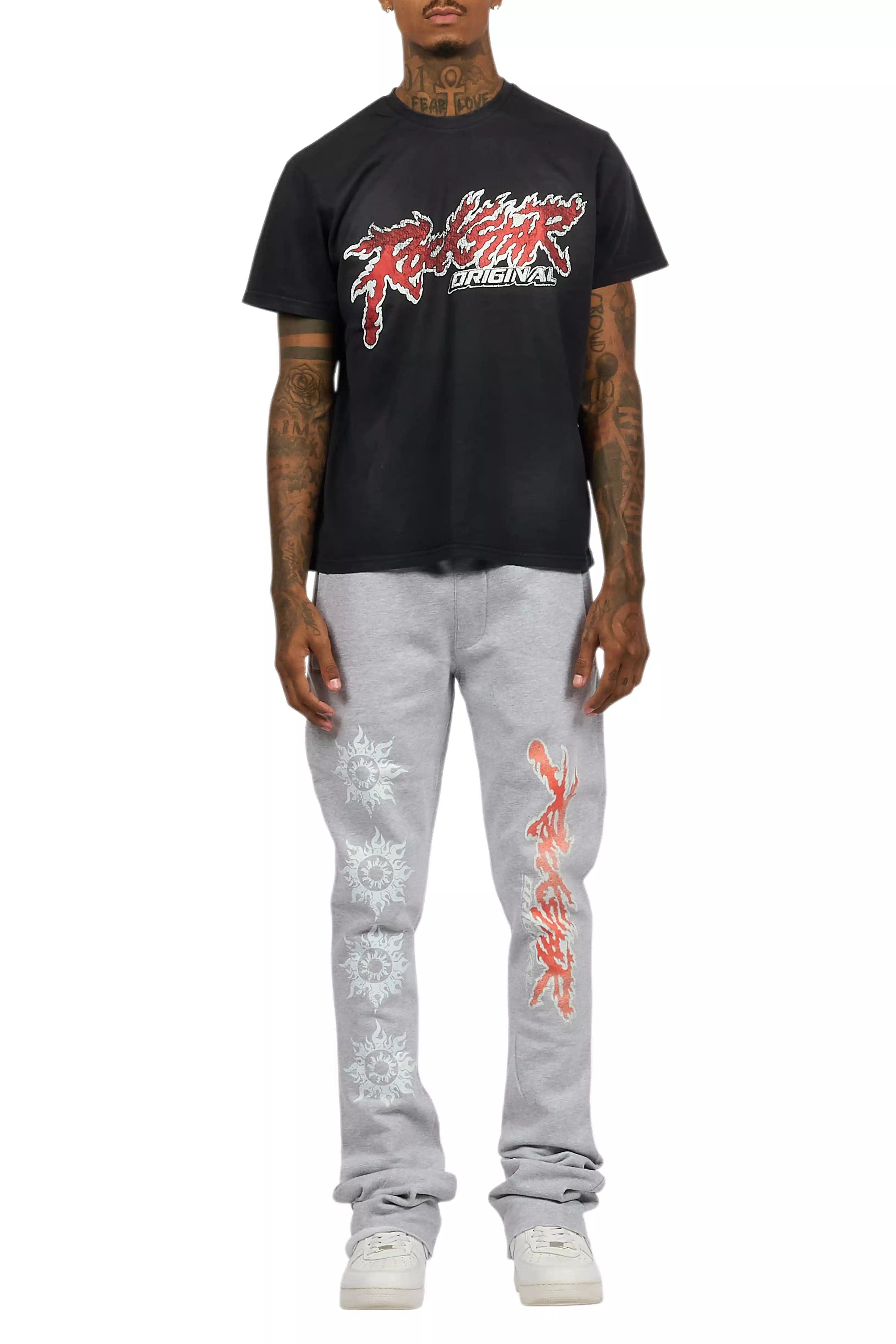 Yash Charcoal Grey T-Shirt/Stacked Flare Track Pant Set