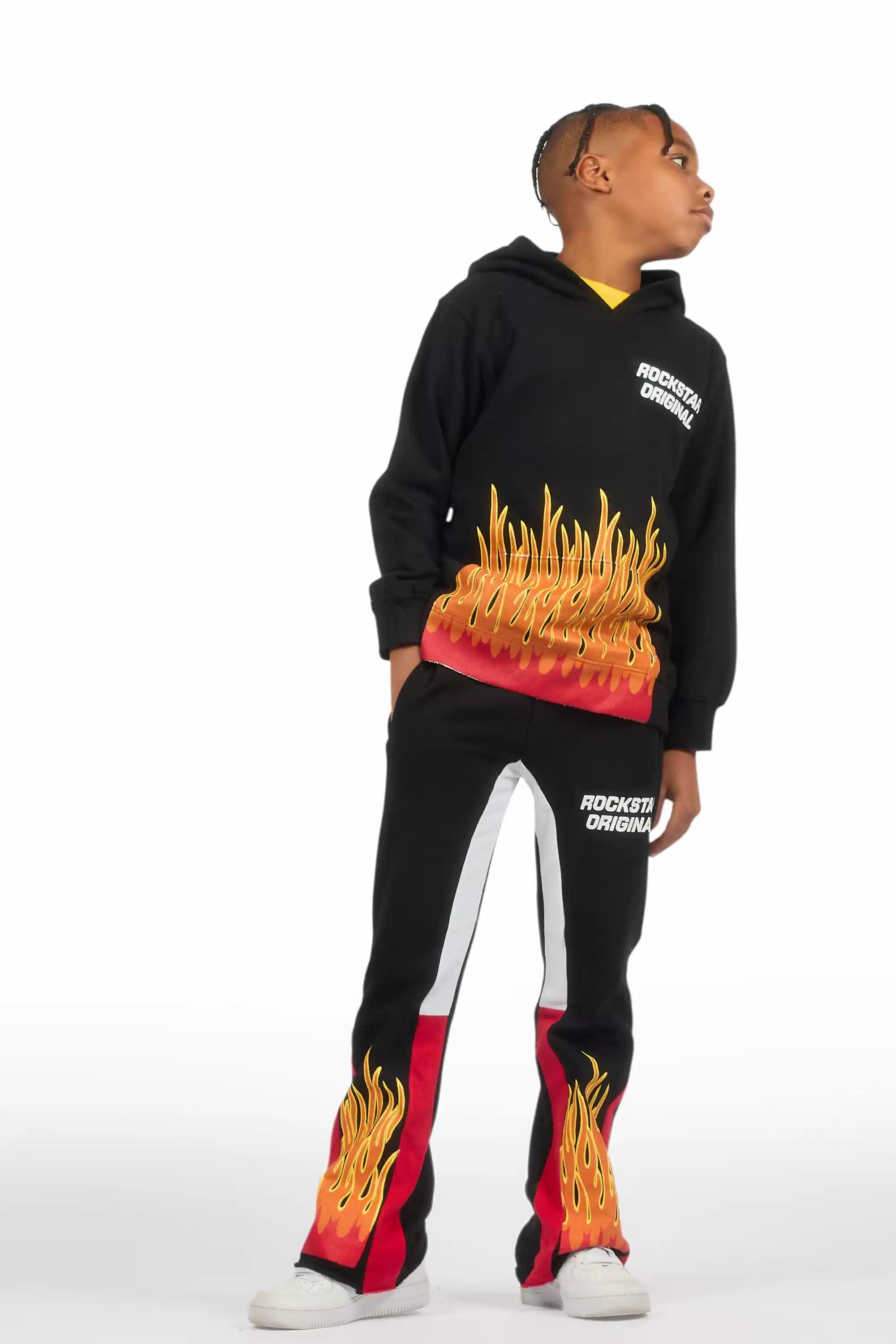 Boys Roeland Black/Red Stacked Flare Pant Set