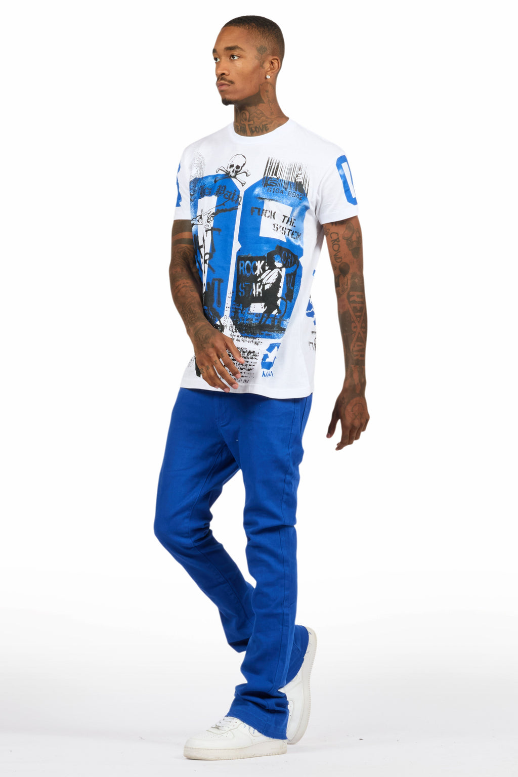 Grill White/Royal Blue Oversized Graphic T-Shirt/Dag Stacked Flare Jean Set