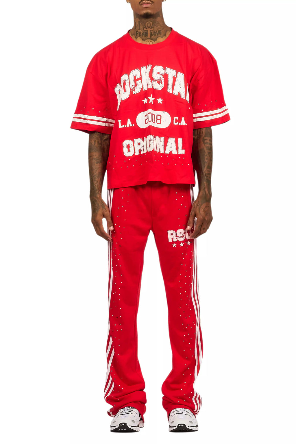 Tylla Red Rhinestone T-Shirt/Baggy Stacked Track Set