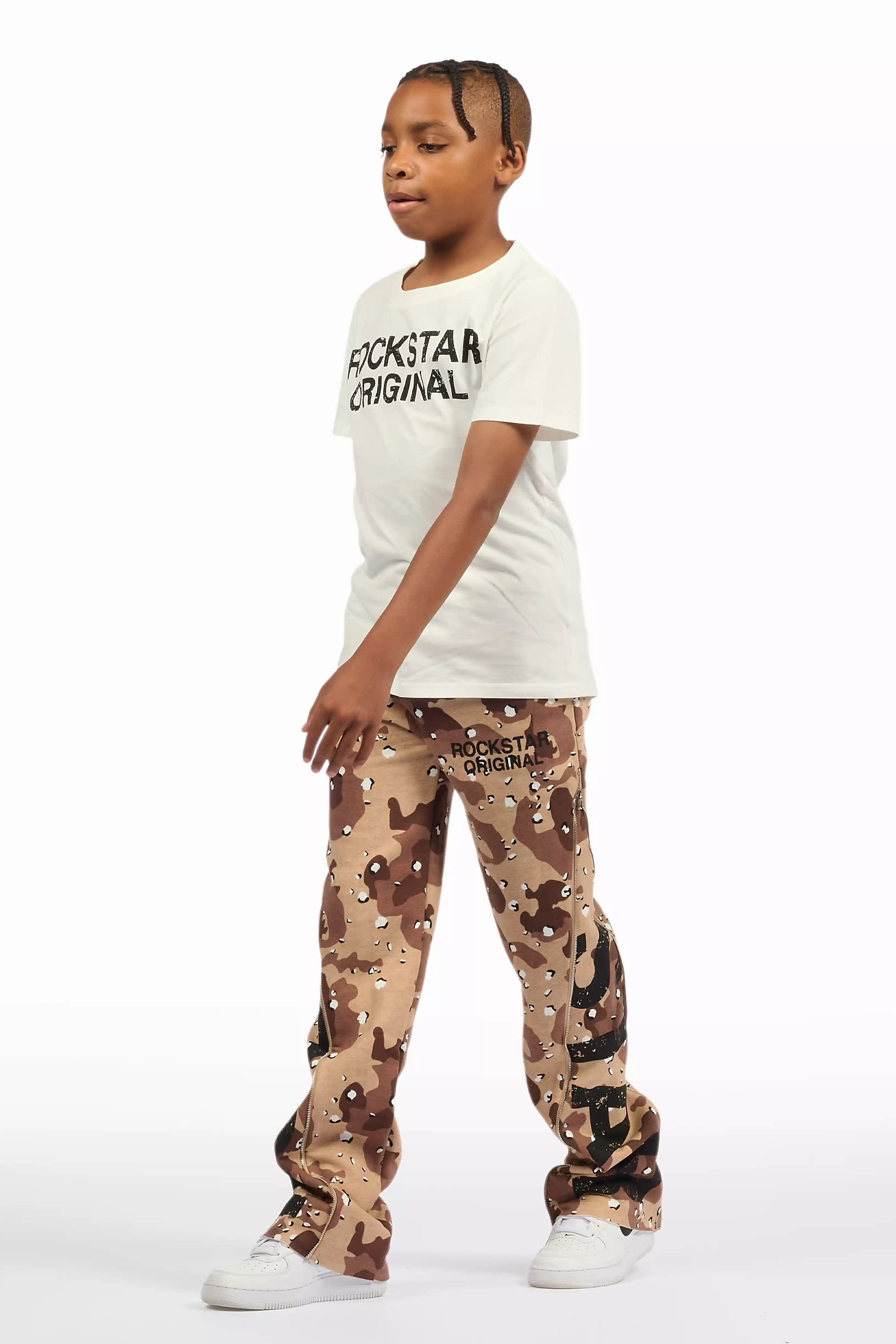 Boys Deniska White/Camo T-Shirt Baggy Stacked Flare Set