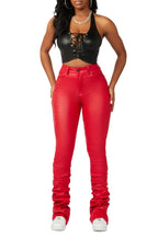 Pay Attention Red PU Super Stacked Flare Pant