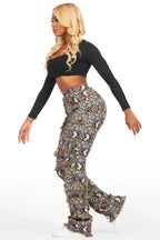 Ferlanda Black Cargo Tapestry Stacked Pant