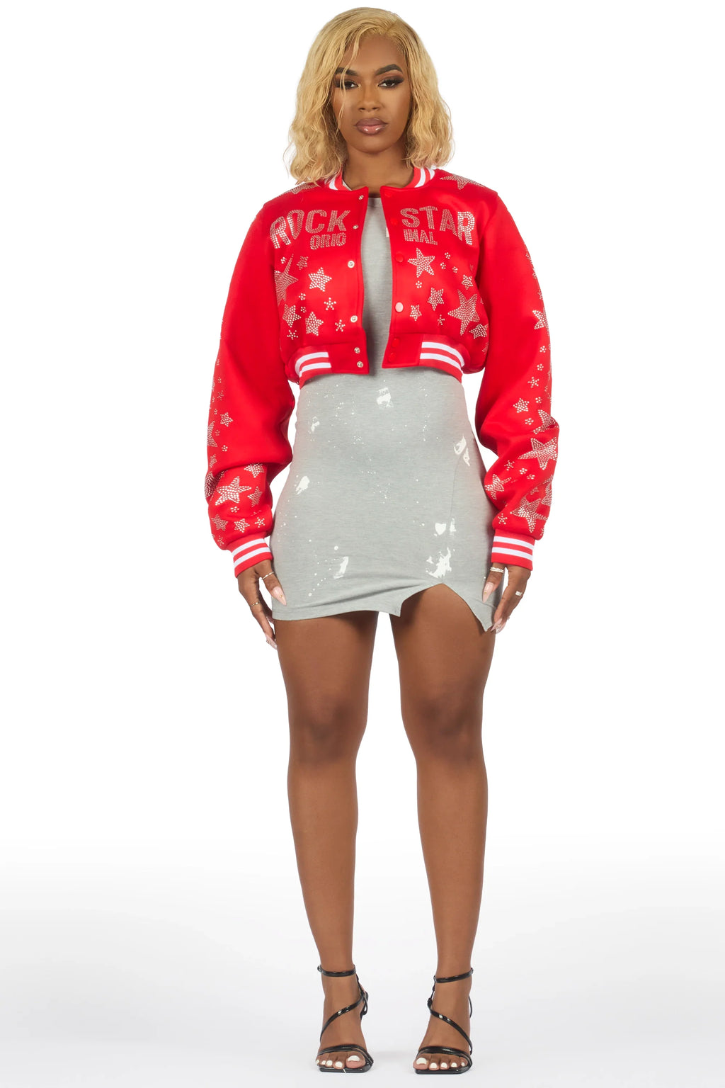 Shanda Red Crop Rhinestone Varsity Jacket