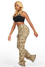 Niyah Tan Floral Tapestry Stacked Pant