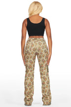 Niyah Tan Floral Tapestry Stacked Pant