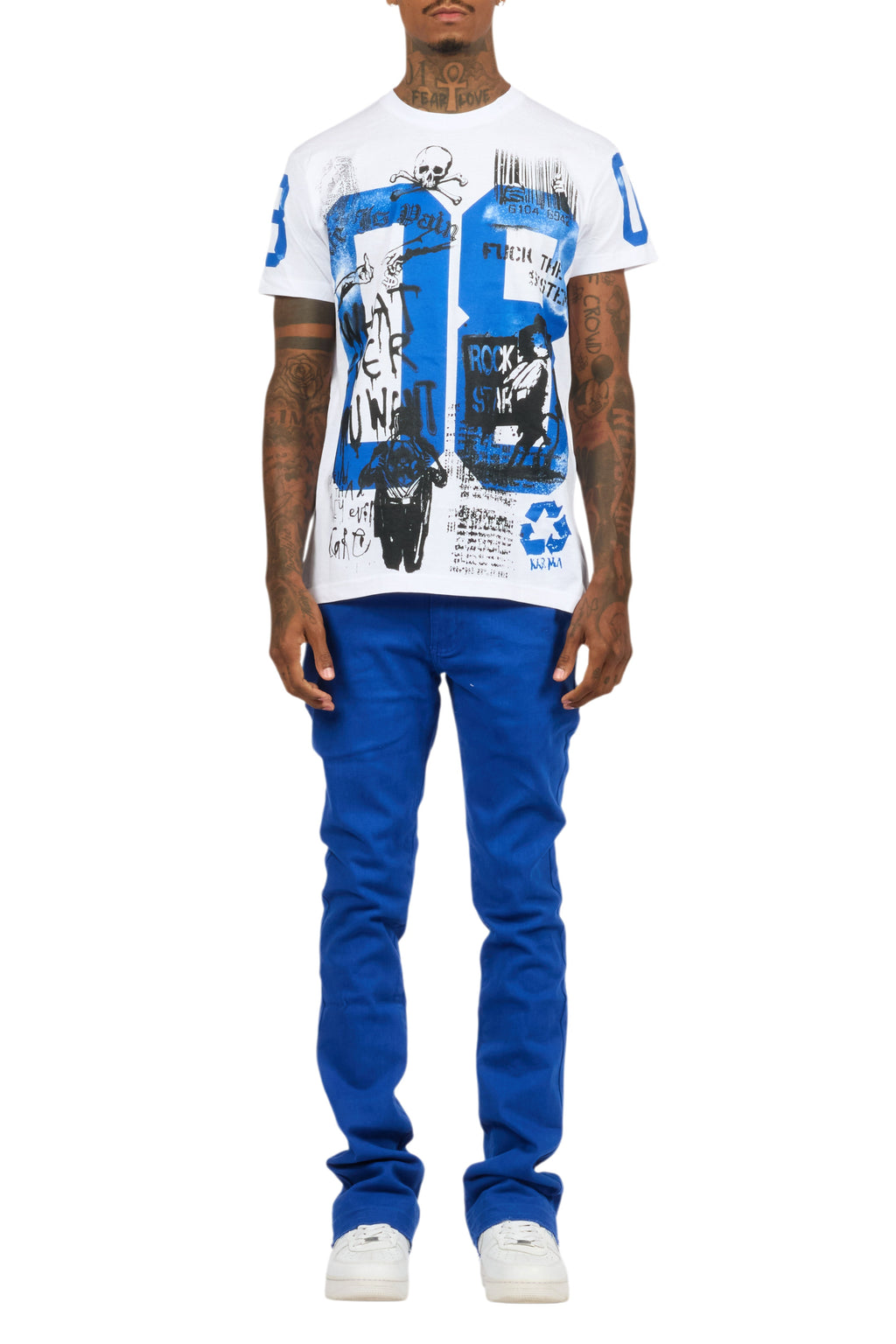 Grill White/Royal Blue Oversized Graphic T-Shirt/Dag Stacked Flare Jean Set