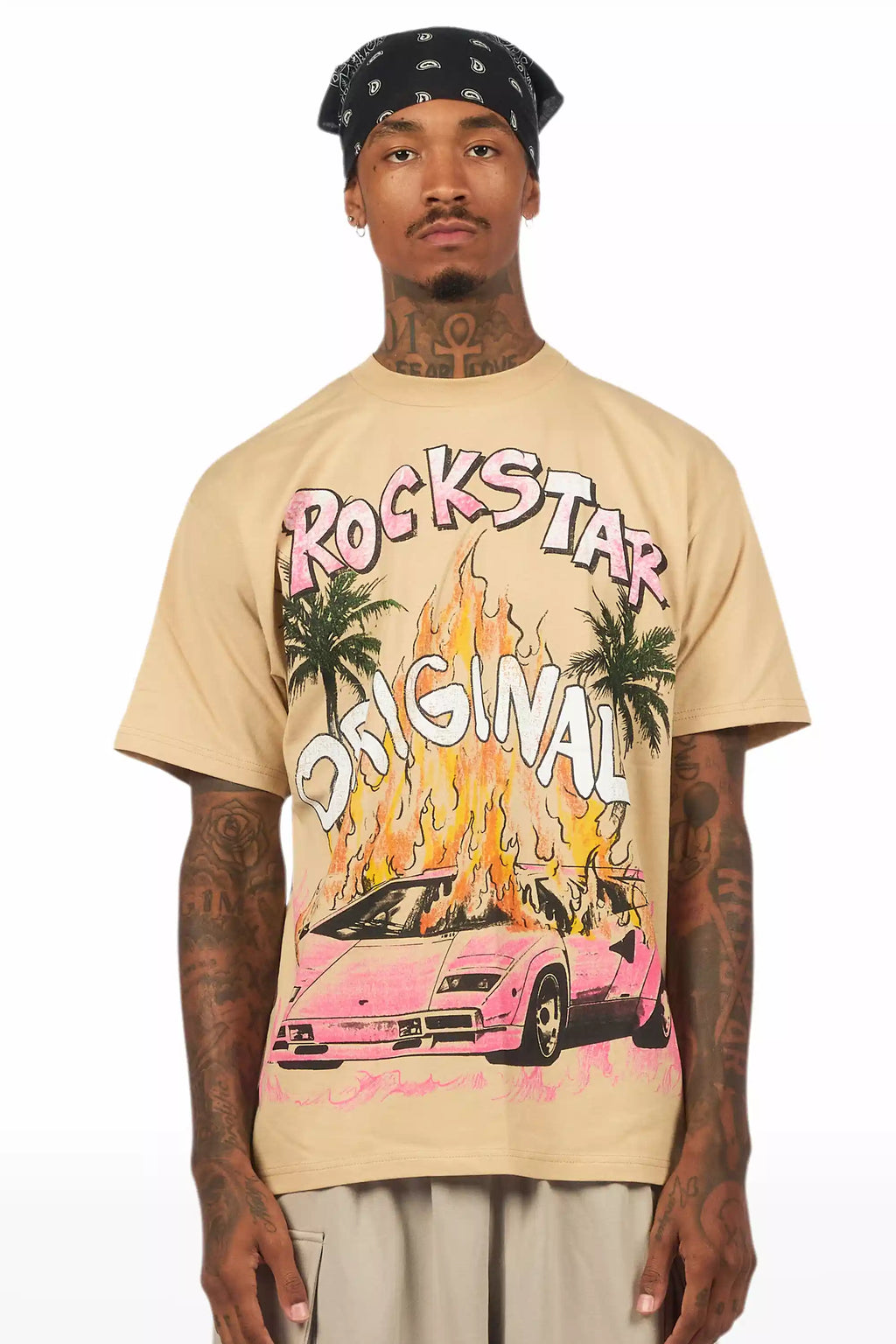 Axrian Beige/Pink Oversized Graphic T-Shirt