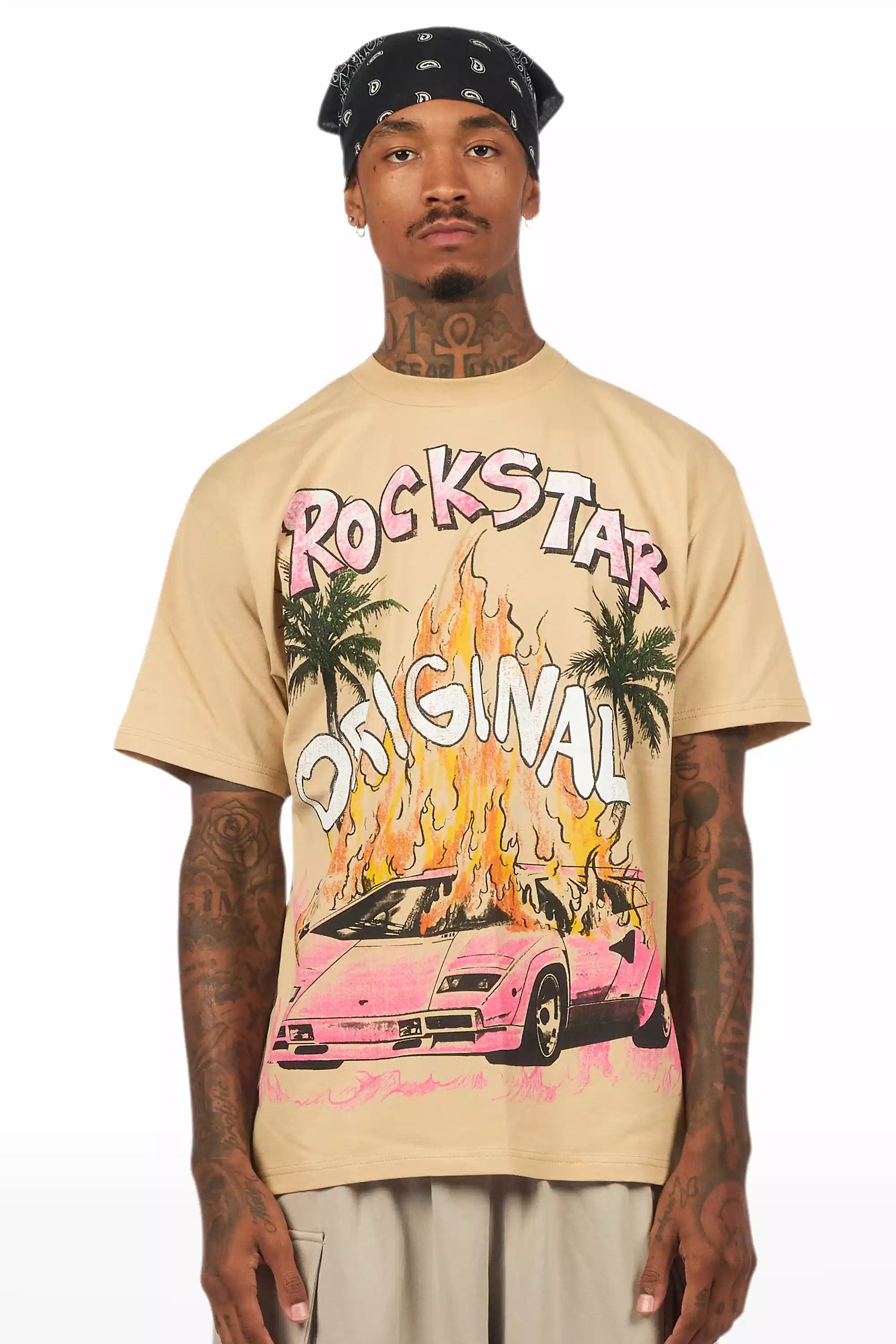 Axrian Beige/Pink Oversized Graphic T-Shirt