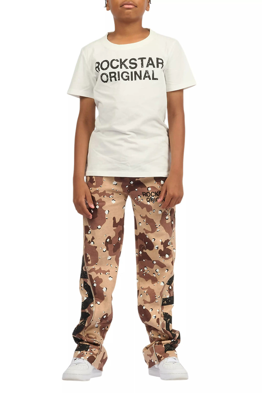 Boys Deniska White/Camo T-Shirt Baggy Stacked Flare Set