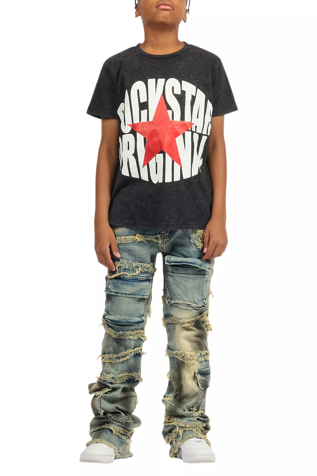 Boys Yves Blue Ripped Stacked Flare Cargo Jeans