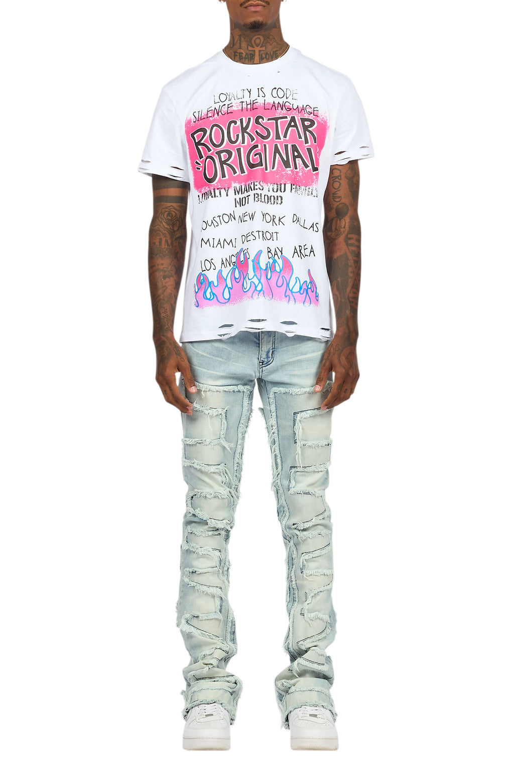 Beno White T-Shirt & Shake Blue Stacked Flare Jean Bundle