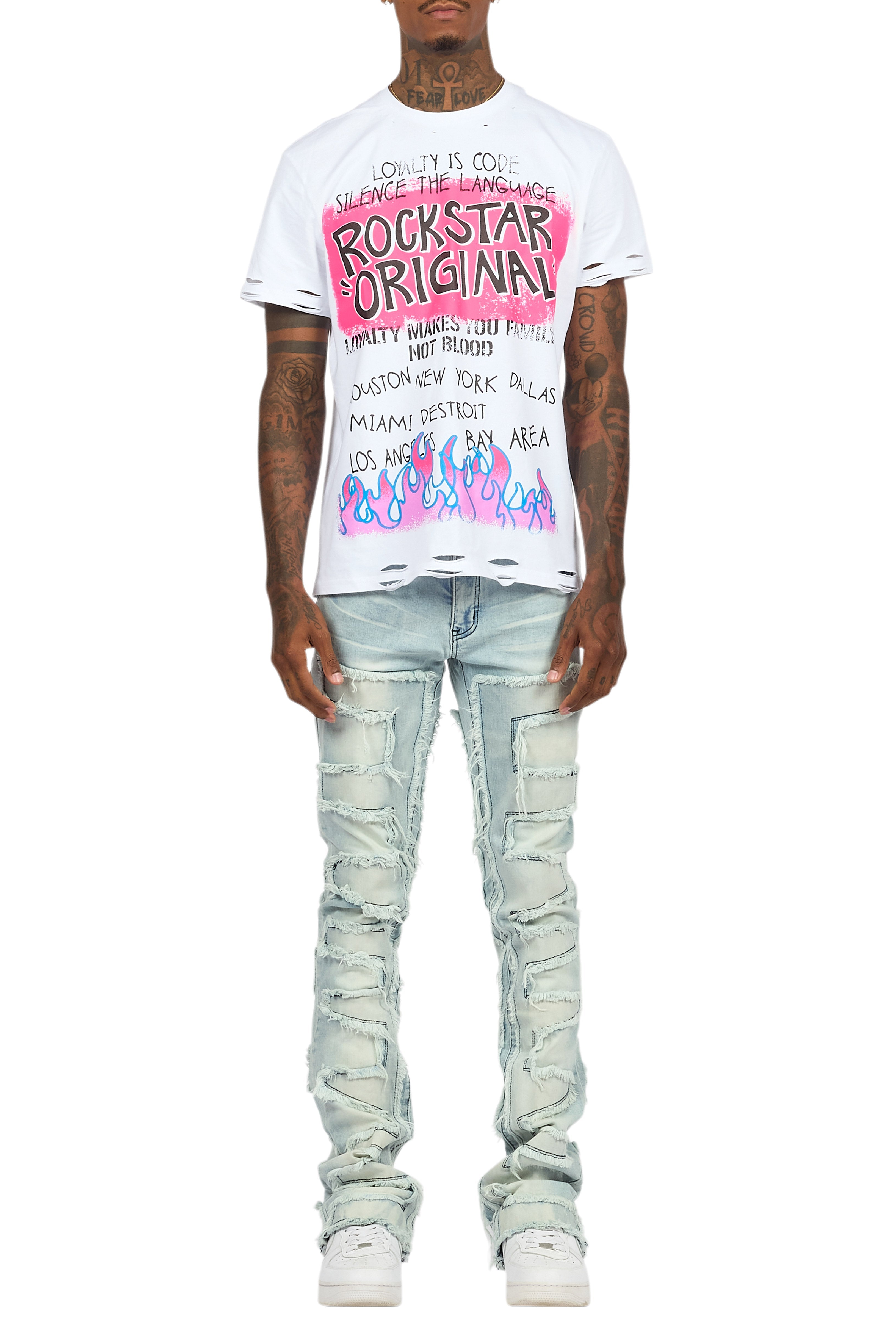 Beno White T-Shirt & Shake Blue Stacked Flare Jean Bundle
