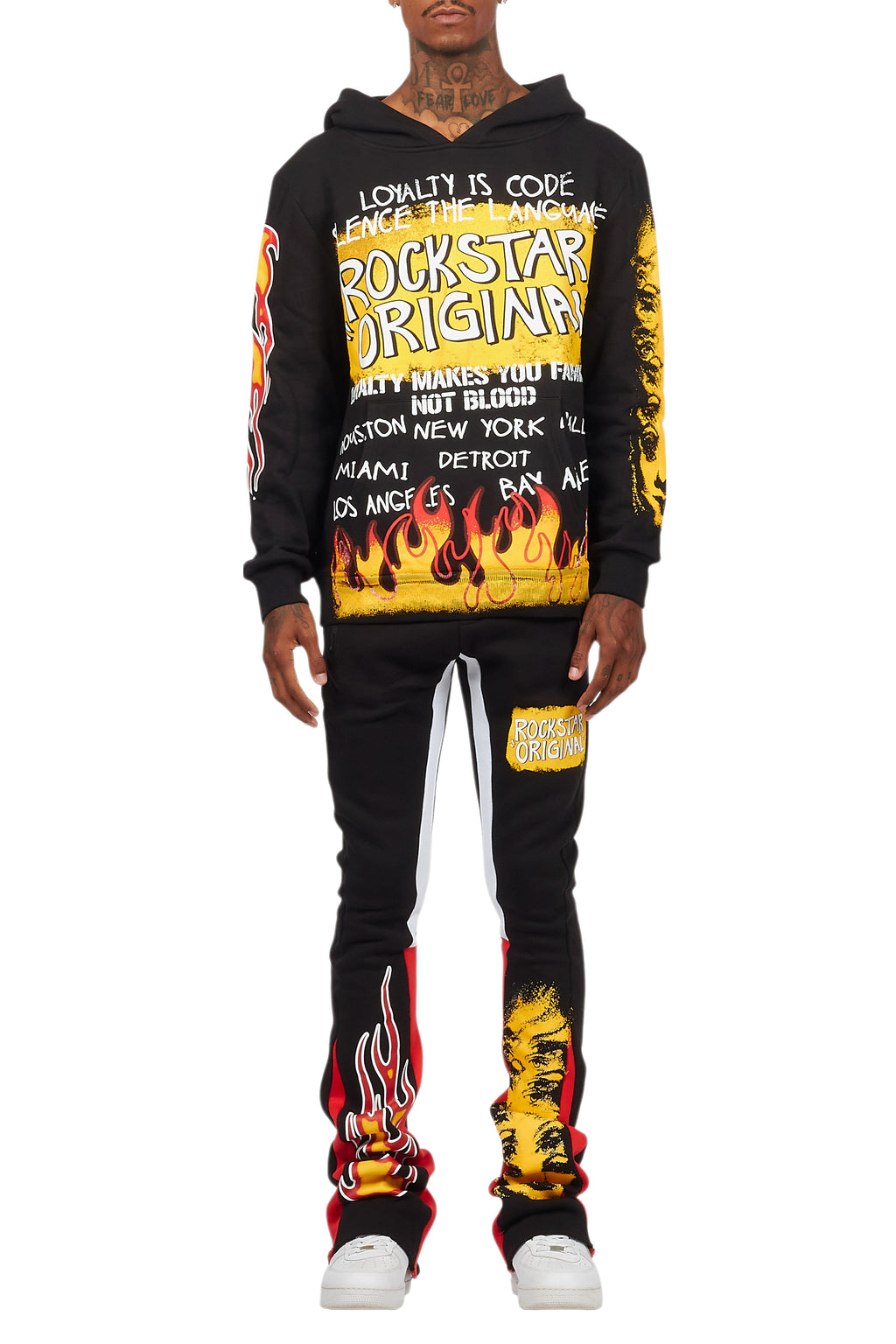 Beno Black/Yellow Stacked Flare Hoodie Track Set