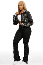 Shanda Black Crop Rhinestone Varsity Jacket