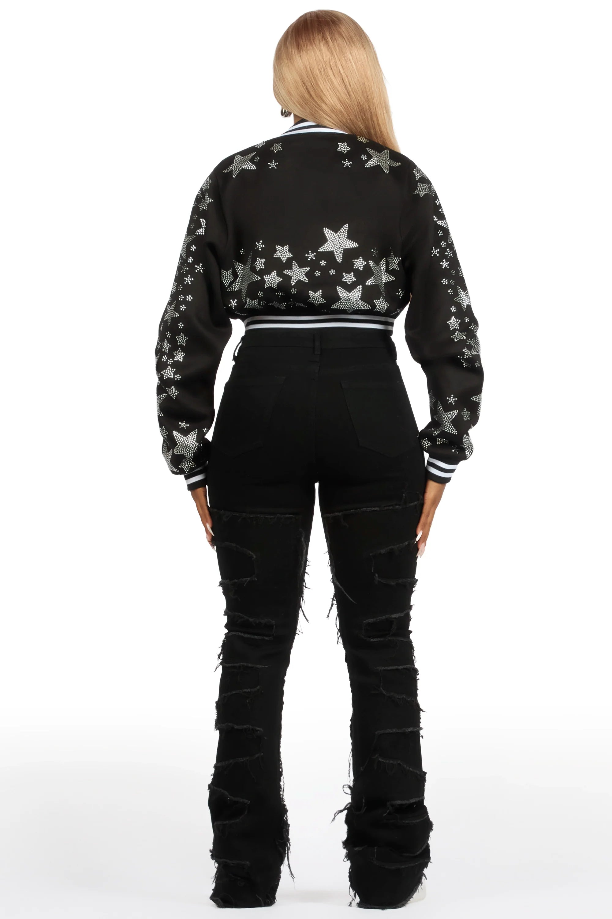 Shanda Black Crop Rhinestone Varsity Jacket