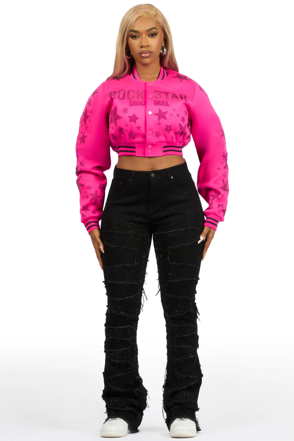 Shanda Hot Pink Crop Rhinestone Varsity Jacket