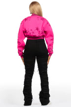 Shanda Hot Pink Crop Rhinestone Varsity Jacket