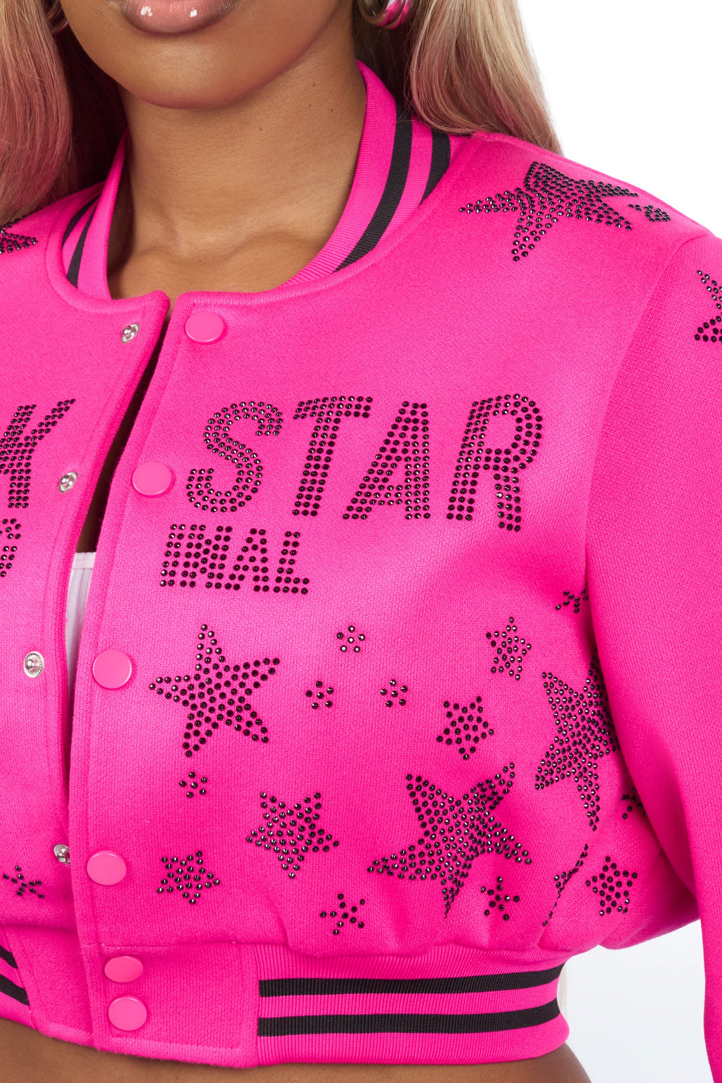 Shanda Hot Pink Crop Rhinestone Varsity Jacket