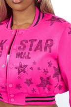 Shanda Hot Pink Crop Rhinestone Varsity Jacket