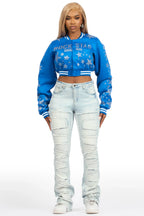 Shanda Royal Blue Crop Rhinestone Varsity Jacket