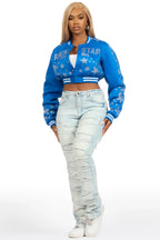 Shanda Royal Blue Crop Rhinestone Varsity Jacket